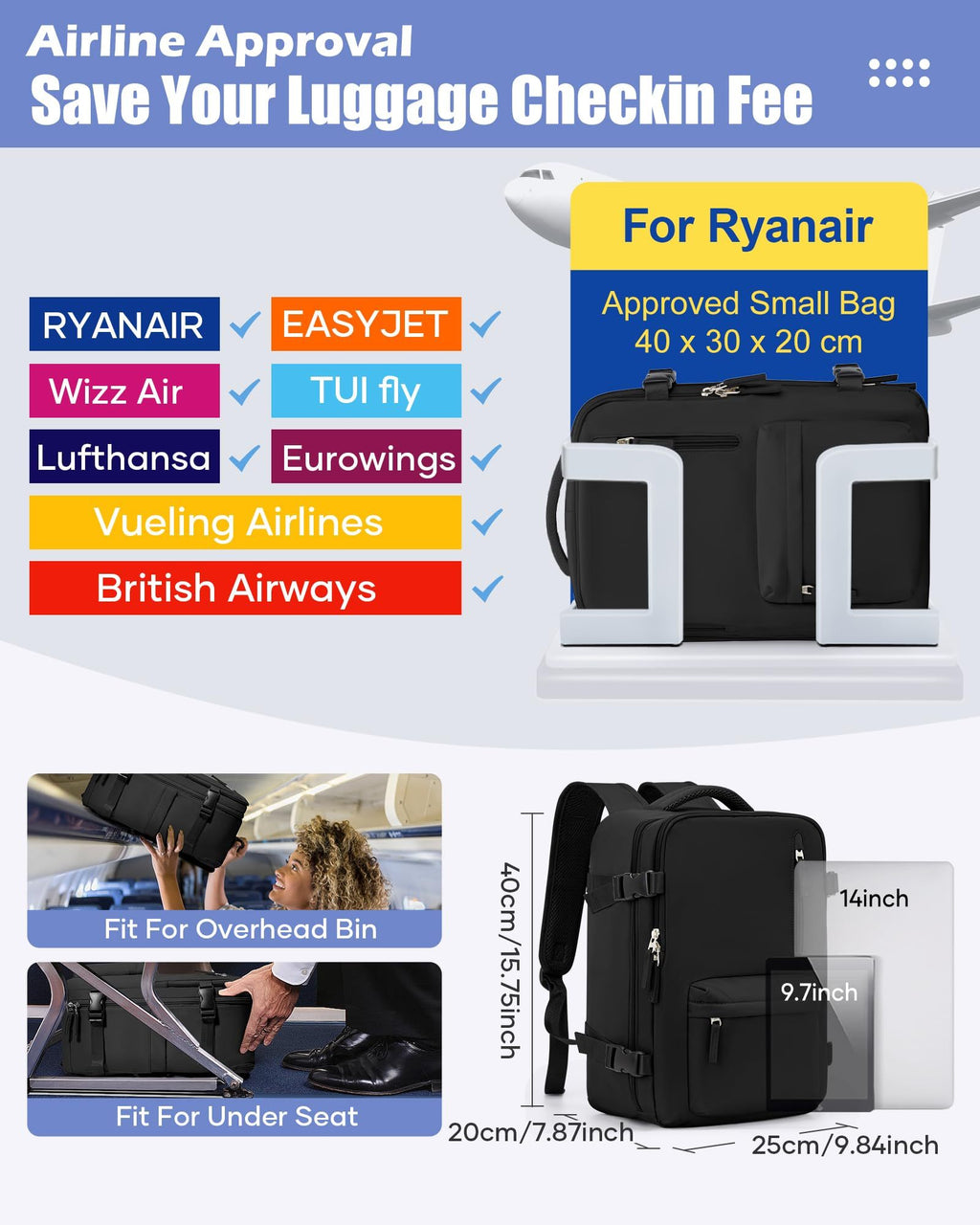 Reisekoffer, Handgepäck-Rucksack mit lokalem Stauraum (40x20x25 für Alltag – Detailansicht 6
