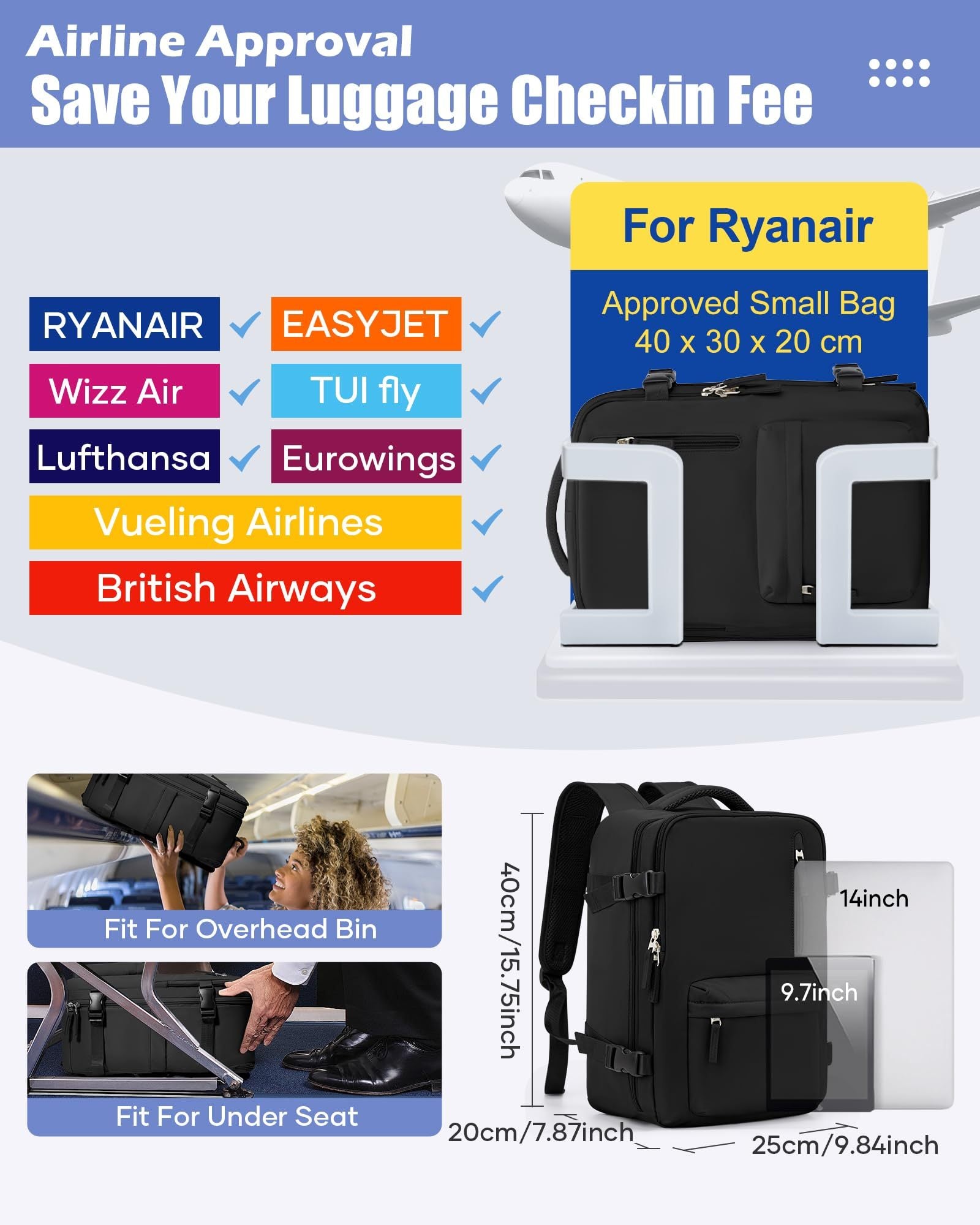 Reisekoffer, Handgepäck-Rucksack mit lokalem Stauraum (40x20x25 für Alltag – Detailansicht 6