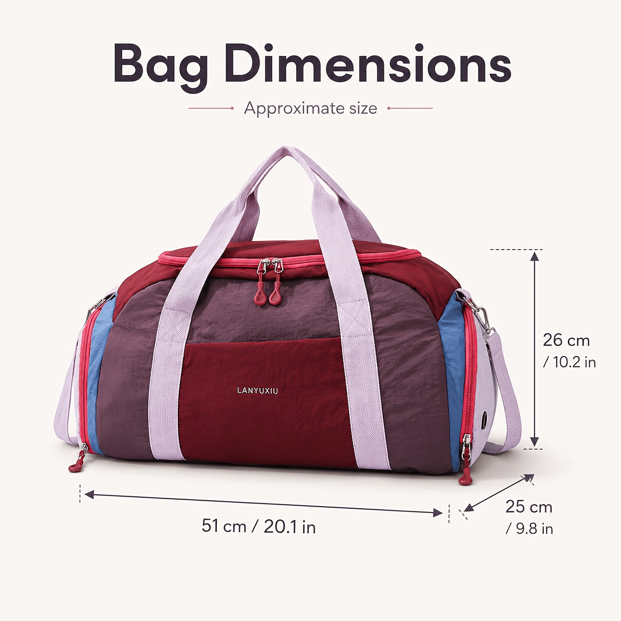 Reisetasche Yoga Freizeit-Fitness-Tasche, Burgunderrot mit Lila für Camping und Reisen – Hauptansicht