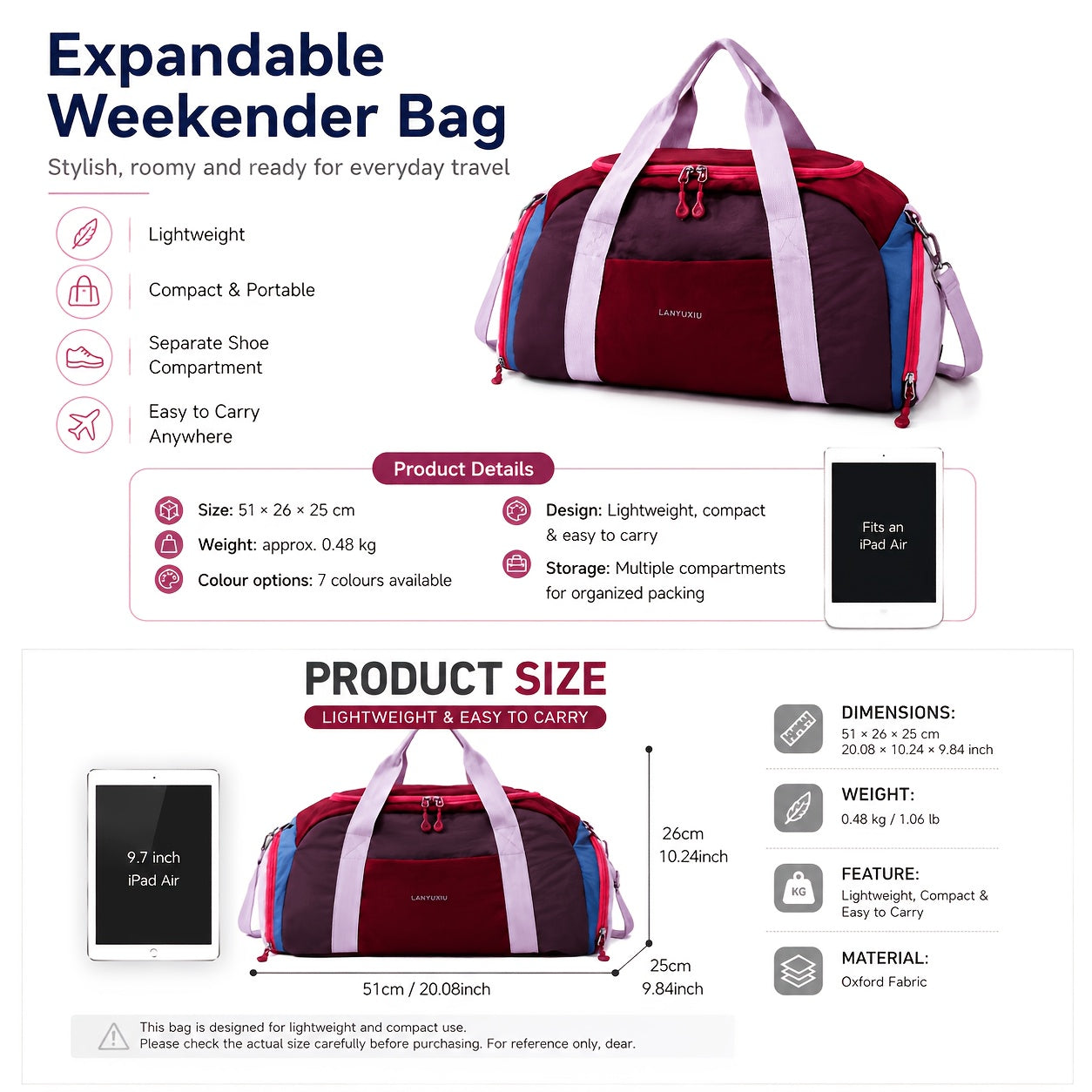 Reisetasche Yoga Freizeit-Fitness-Tasche, Burgunderrot mit Lila für Camping und Reisen – Detailansicht 2