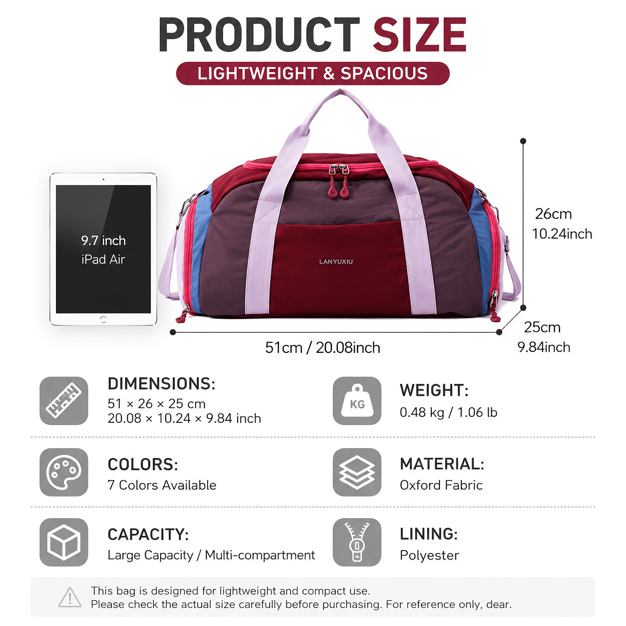 Reisetasche Yoga Freizeit-Fitness-Tasche, Burgunderrot mit Lila für Camping und Reisen – Detailansicht 5