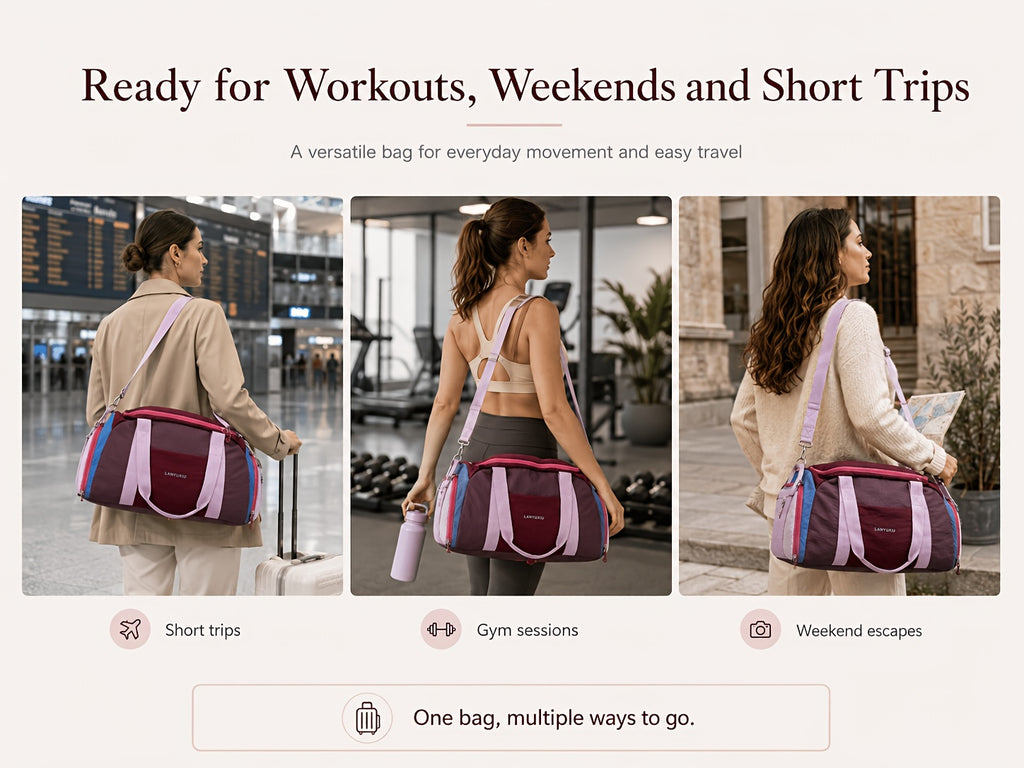 Reisetasche Yoga Freizeit-Fitness-Tasche, Burgunderrot mit Lila für Camping und Reisen – Detailansicht 7