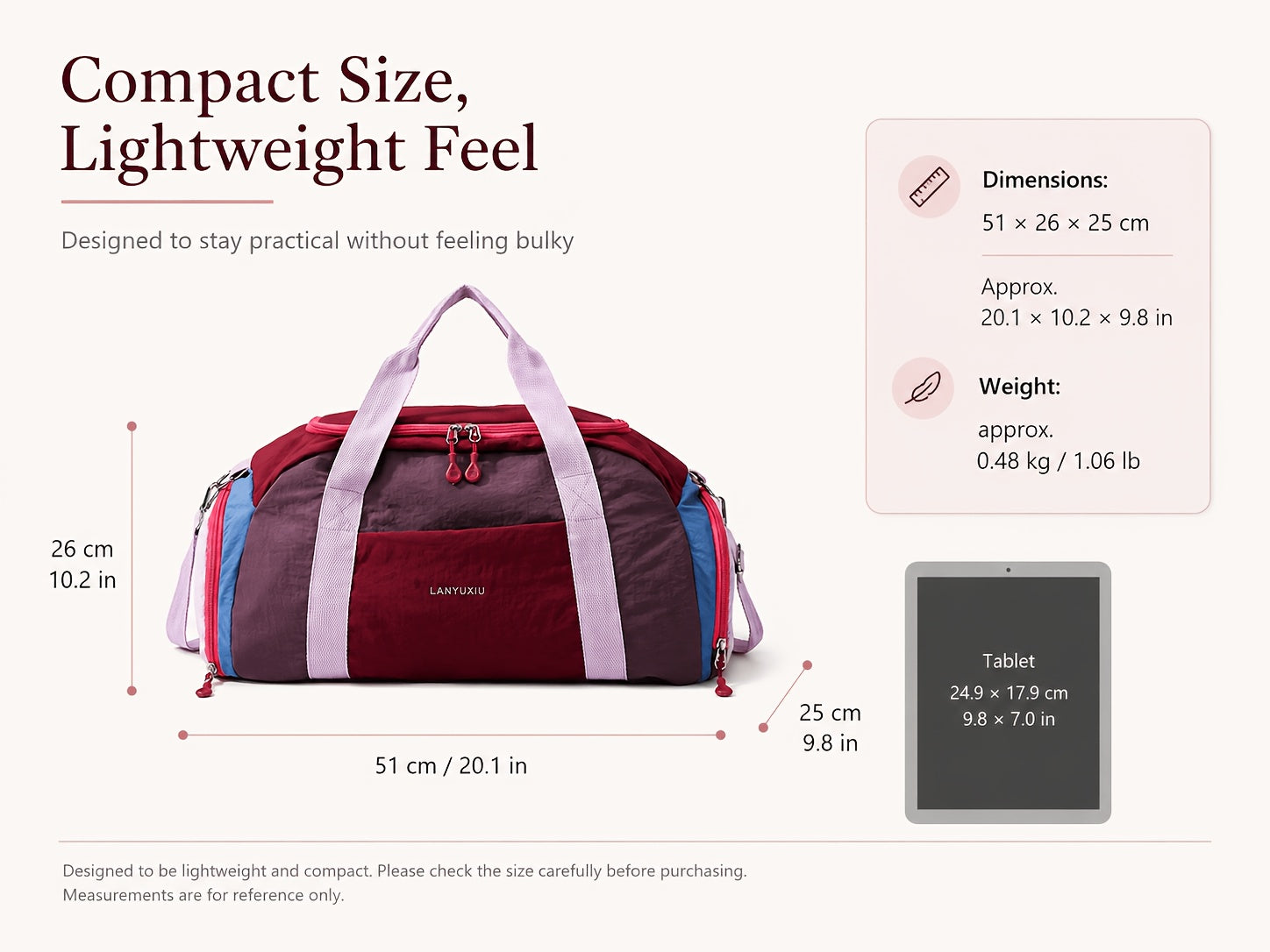 Reisetasche Yoga Freizeit-Fitness-Tasche, Burgunderrot mit Lila für Camping und Reisen – Detailansicht 9