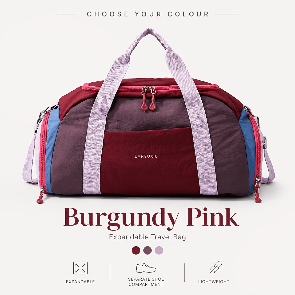 Reisetasche Yoga Freizeit-Fitness-Tasche, Burgunderrot mit Lila für Camping und Reisen – Detailansicht 13
