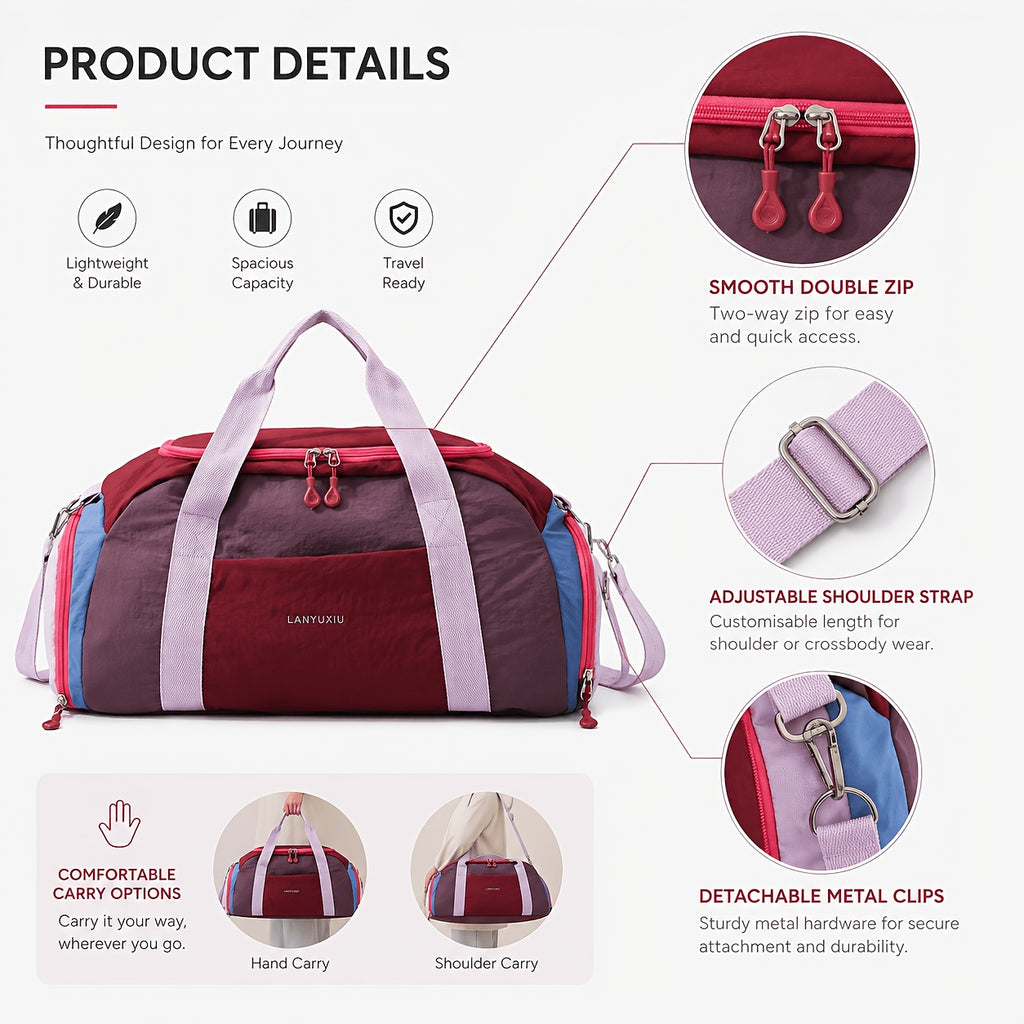 Reisetasche Yoga Freizeit-Fitness-Tasche, Burgunderrot mit Lila für Camping und Reisen – Detailansicht 16