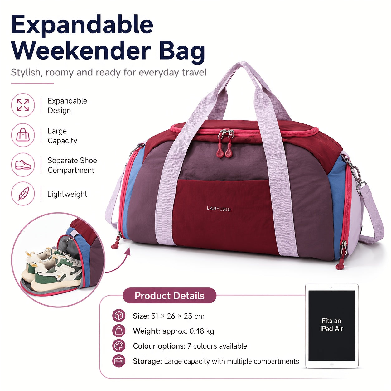 Reisetasche Yoga Freizeit-Fitness-Tasche, Burgunderrot mit Lila für Camping und Reisen – Detailansicht 23