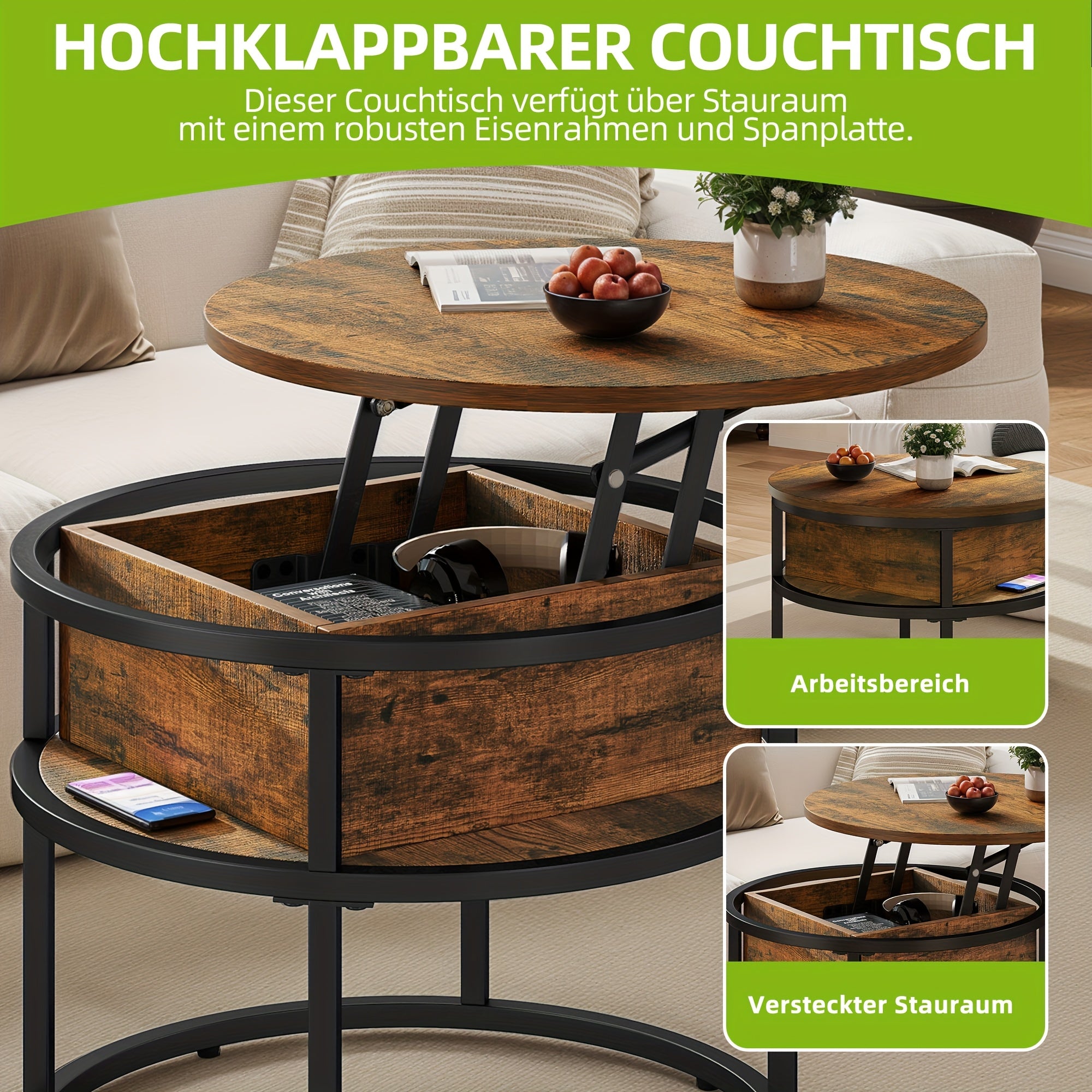 Runder Couchtisch, Braun für Wohnzimmer und Zuhause – Detailansicht 3