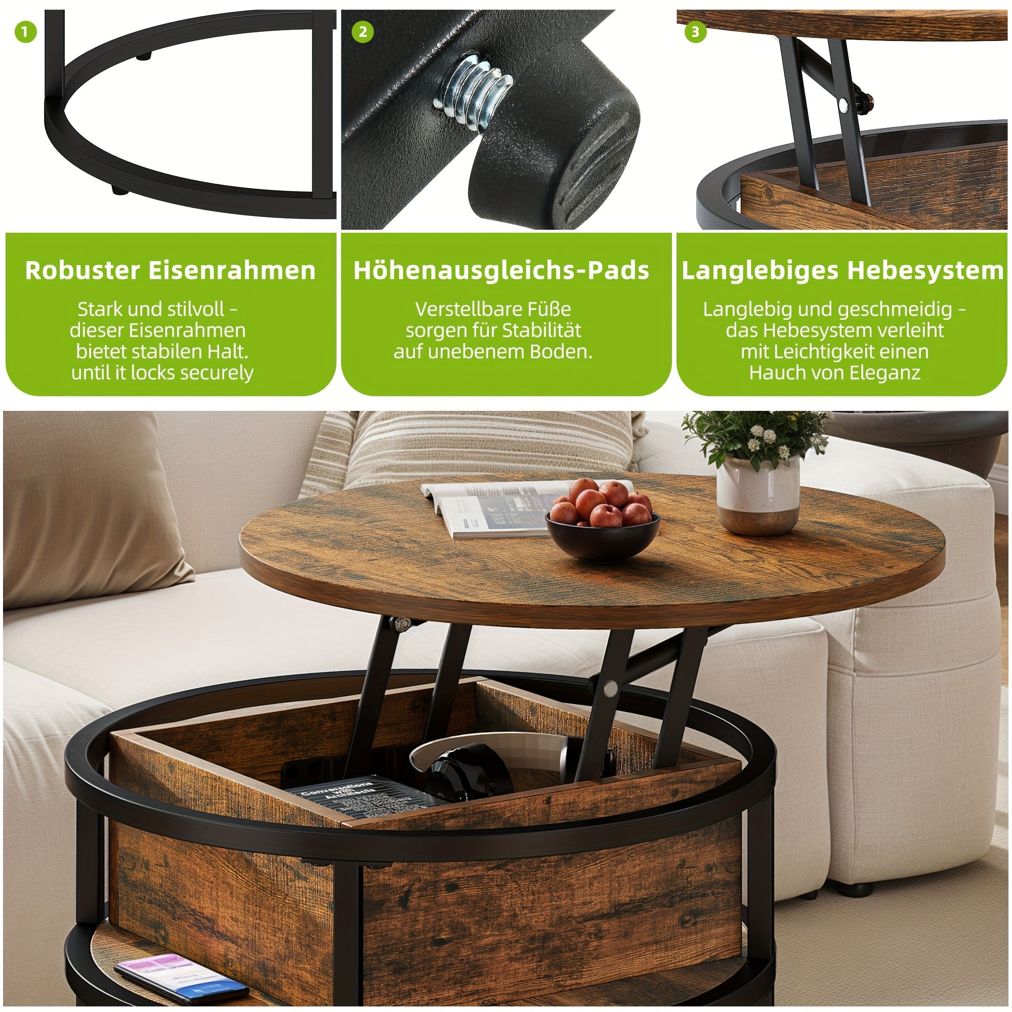 Runder Couchtisch, Braun für Wohnzimmer und Zuhause – Detailansicht 6