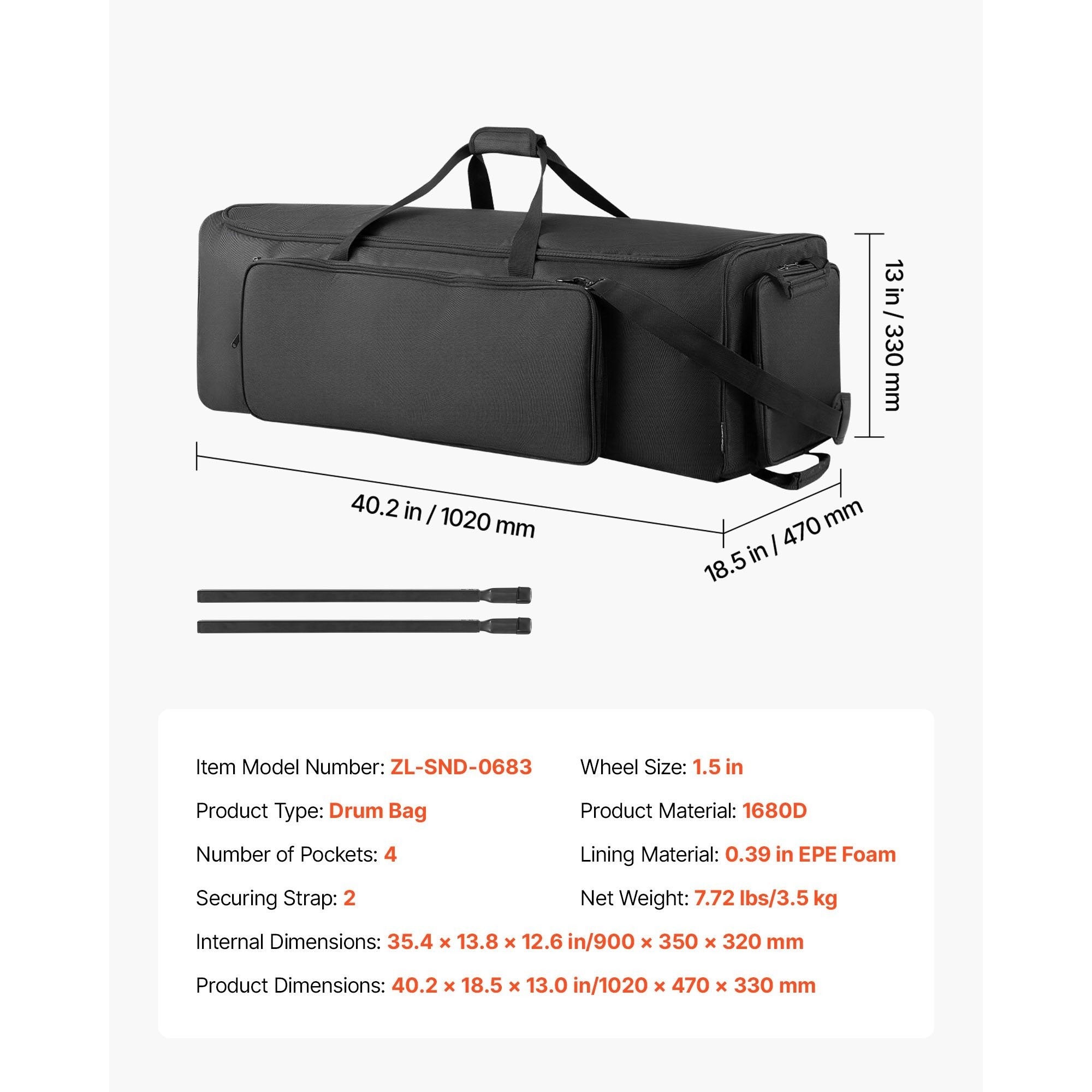 Schlagzeug-Hardwaretasche, schwarz für Hardware und Ständer Zubehör – Detailansicht 2