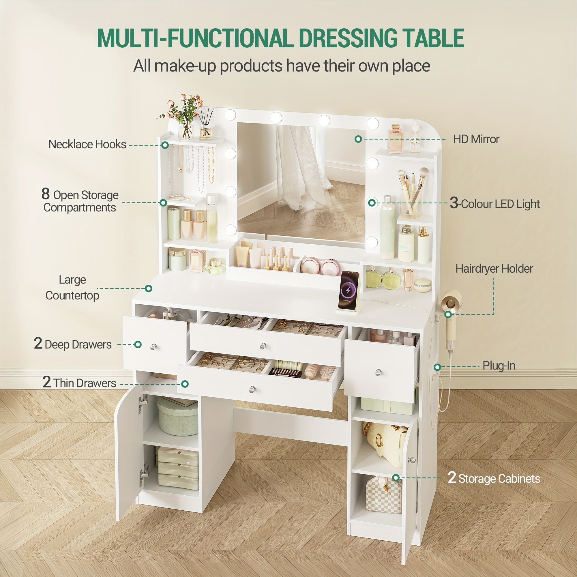Schminktisch, 108 cm für Zuhause und Alltag – Detailansicht 8