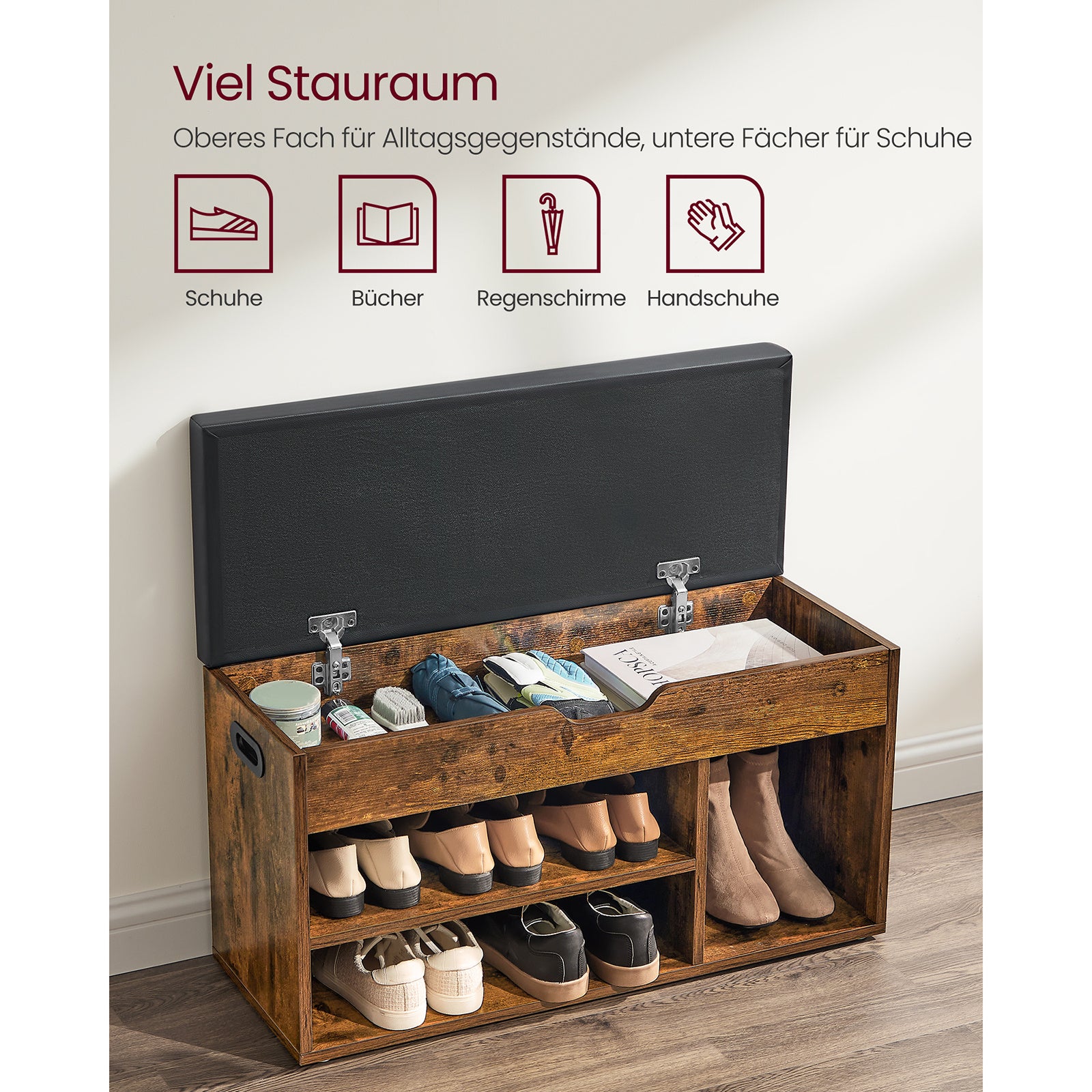 Schuhbank mit Stauraum, 150 kg für Eingangsbereich und Zuhause – Detailansicht 2