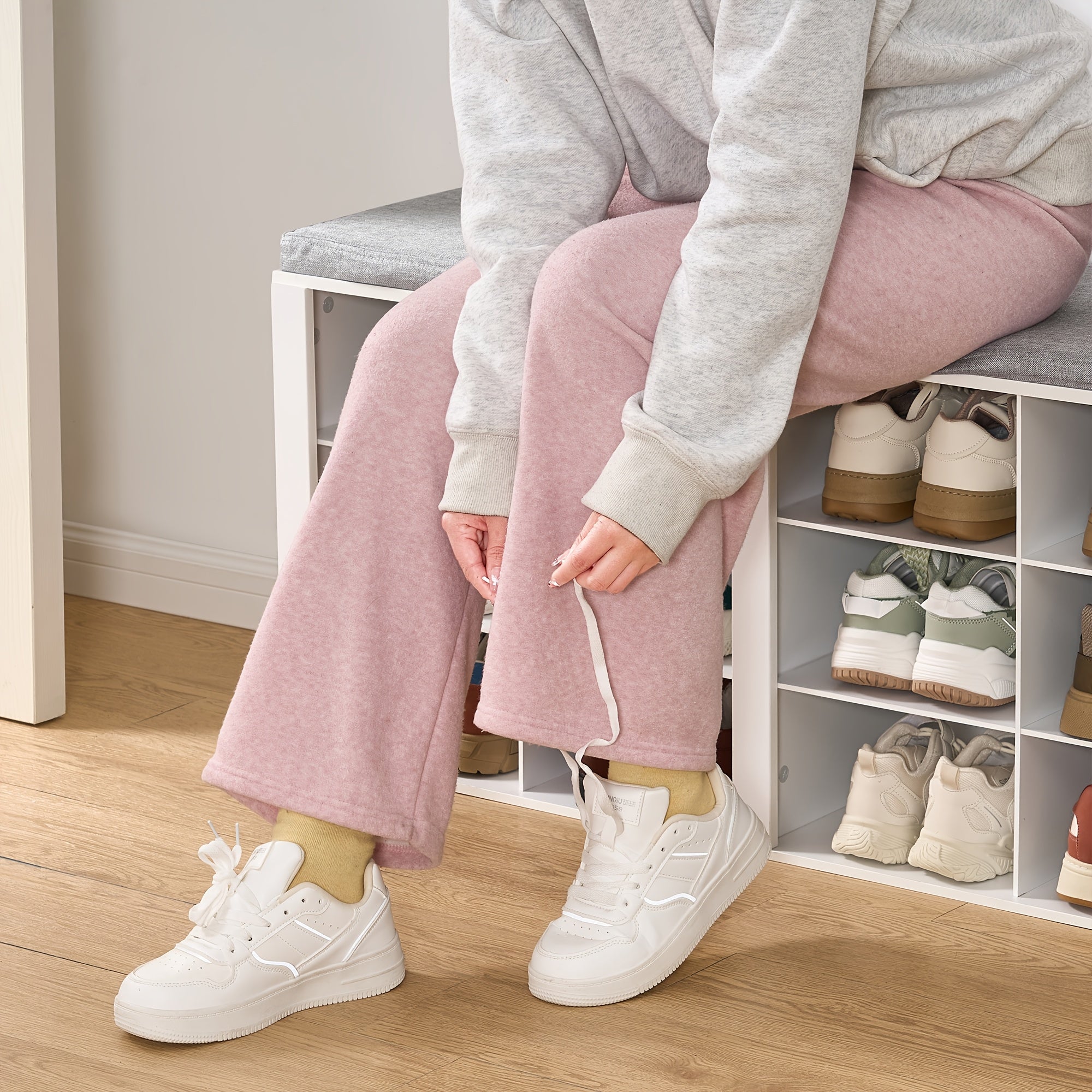 Schuhbank mit Stauraum, Weiß Grau für Eingangsbereich und Zuhause – Detailansicht 6