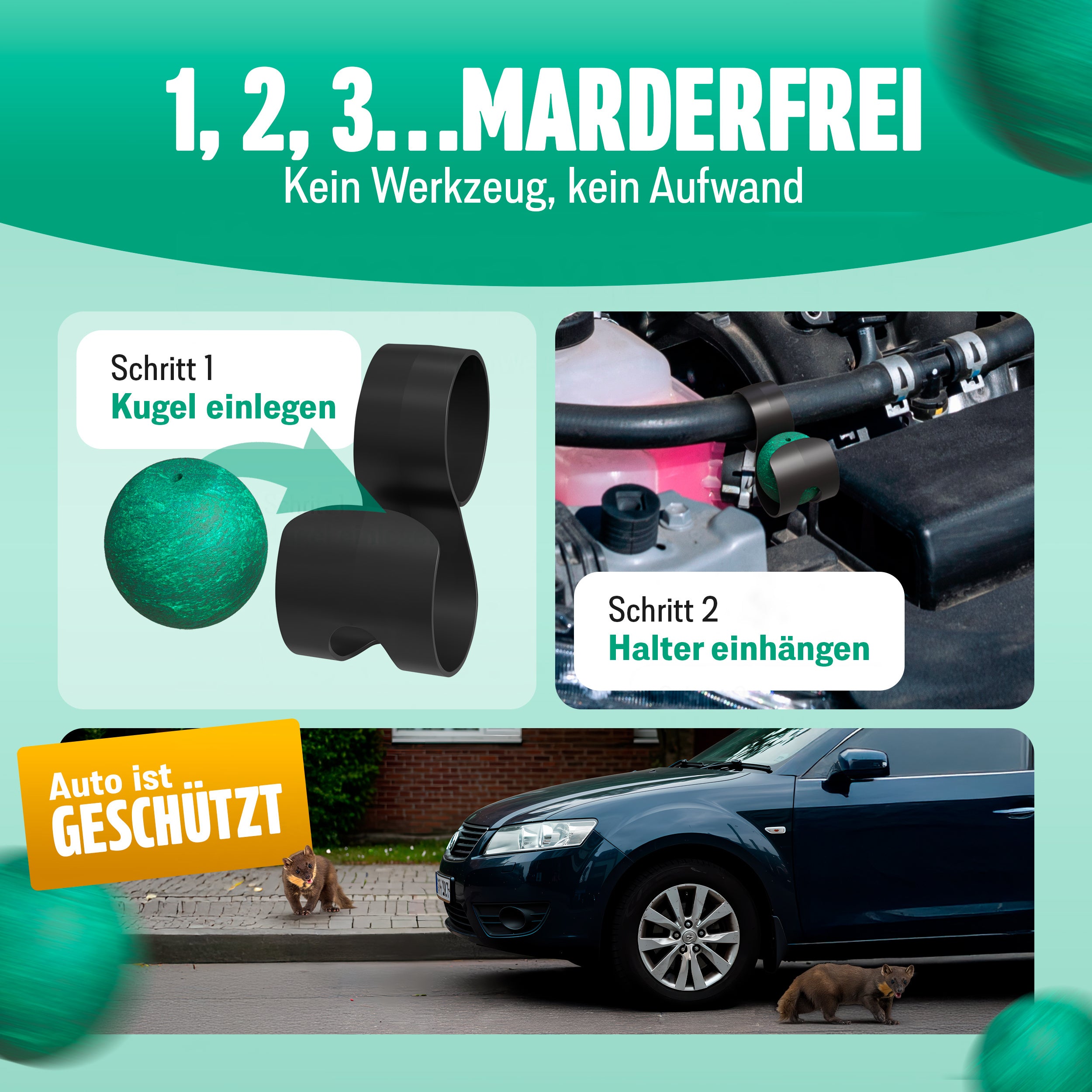 Schutzmittel, 1x Halter + 2 Kugeln für Fahrzeug und unterwegs – Detailansicht 6