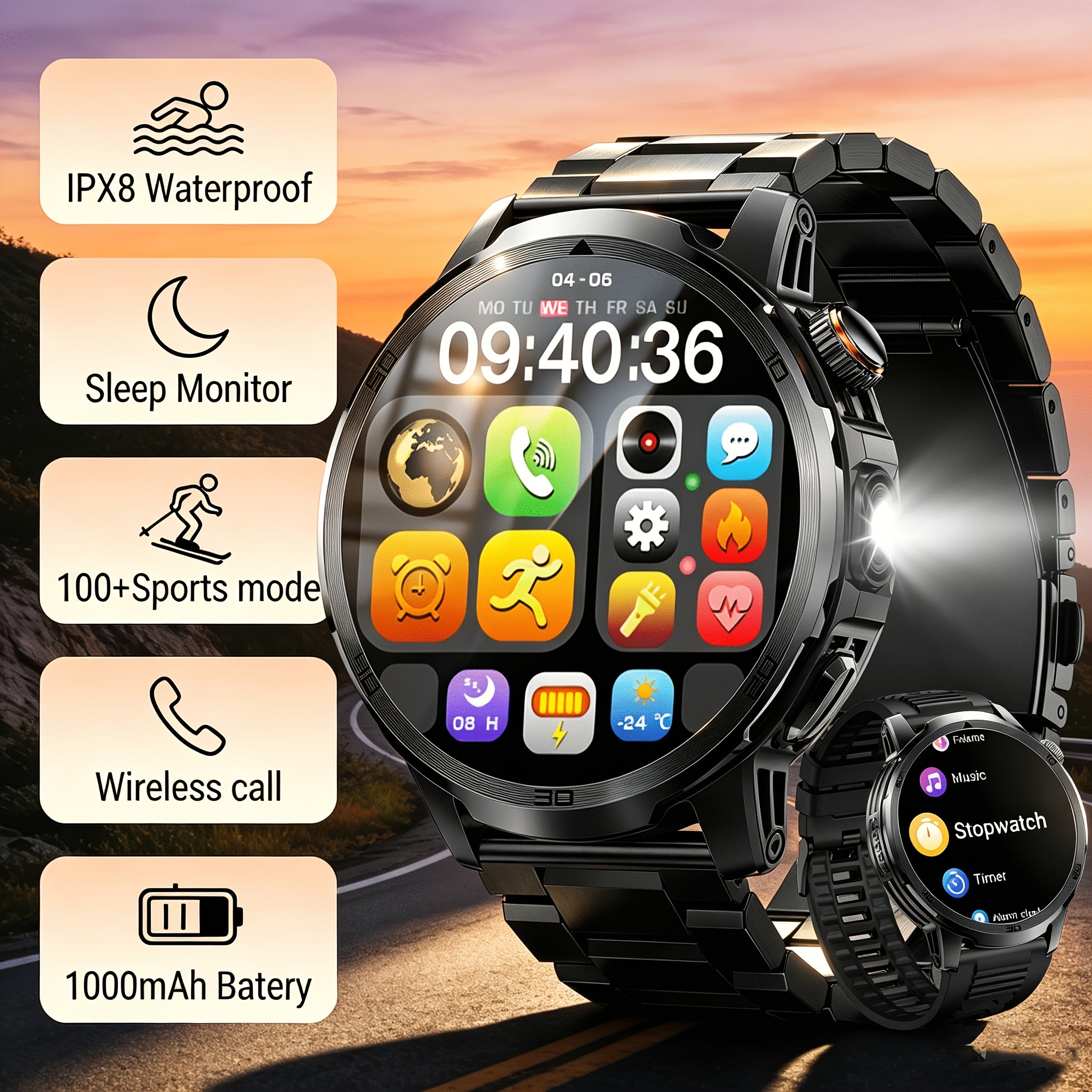 Smartwatch, 1000 mAh für Herren mit kabellosem Anruf und iPhone – Hauptansicht