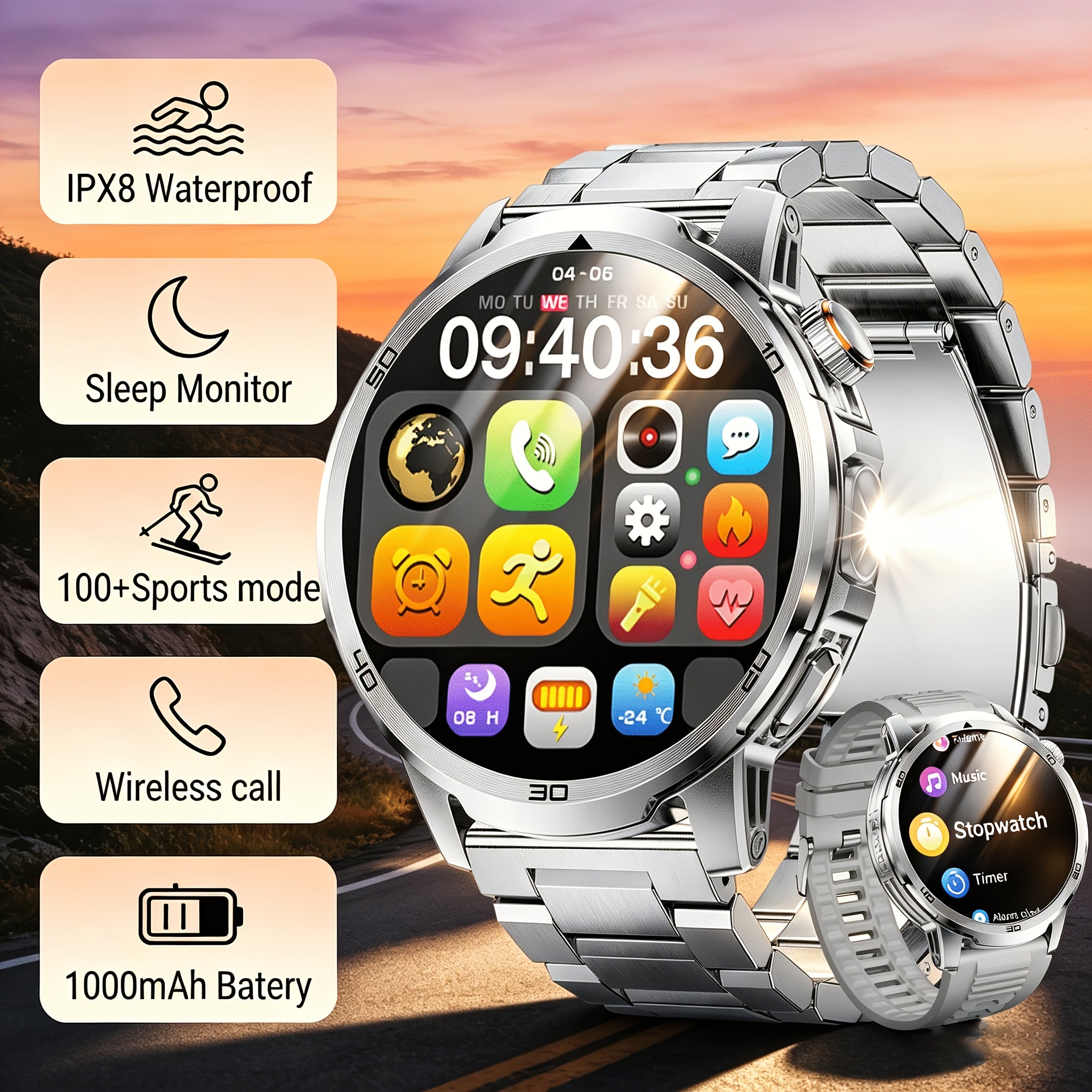 Smartwatch, 1000 mAh für Herren mit kabellosem Anruf und iPhone – Detailansicht 8