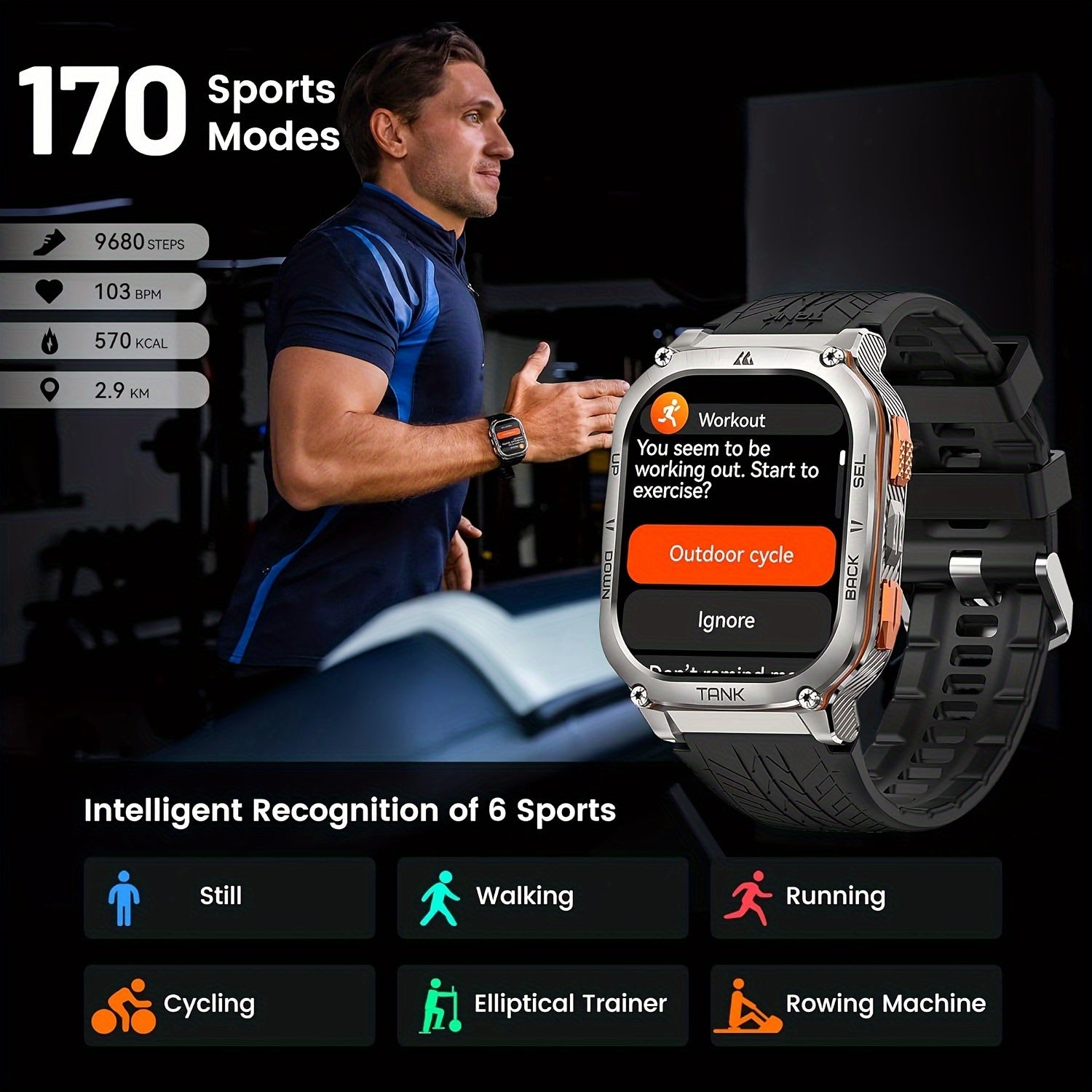 Smartwatch, 3,63cm für Männer Barometer Höhenmesser Kompass 6 und Alltag – Detailansicht 6