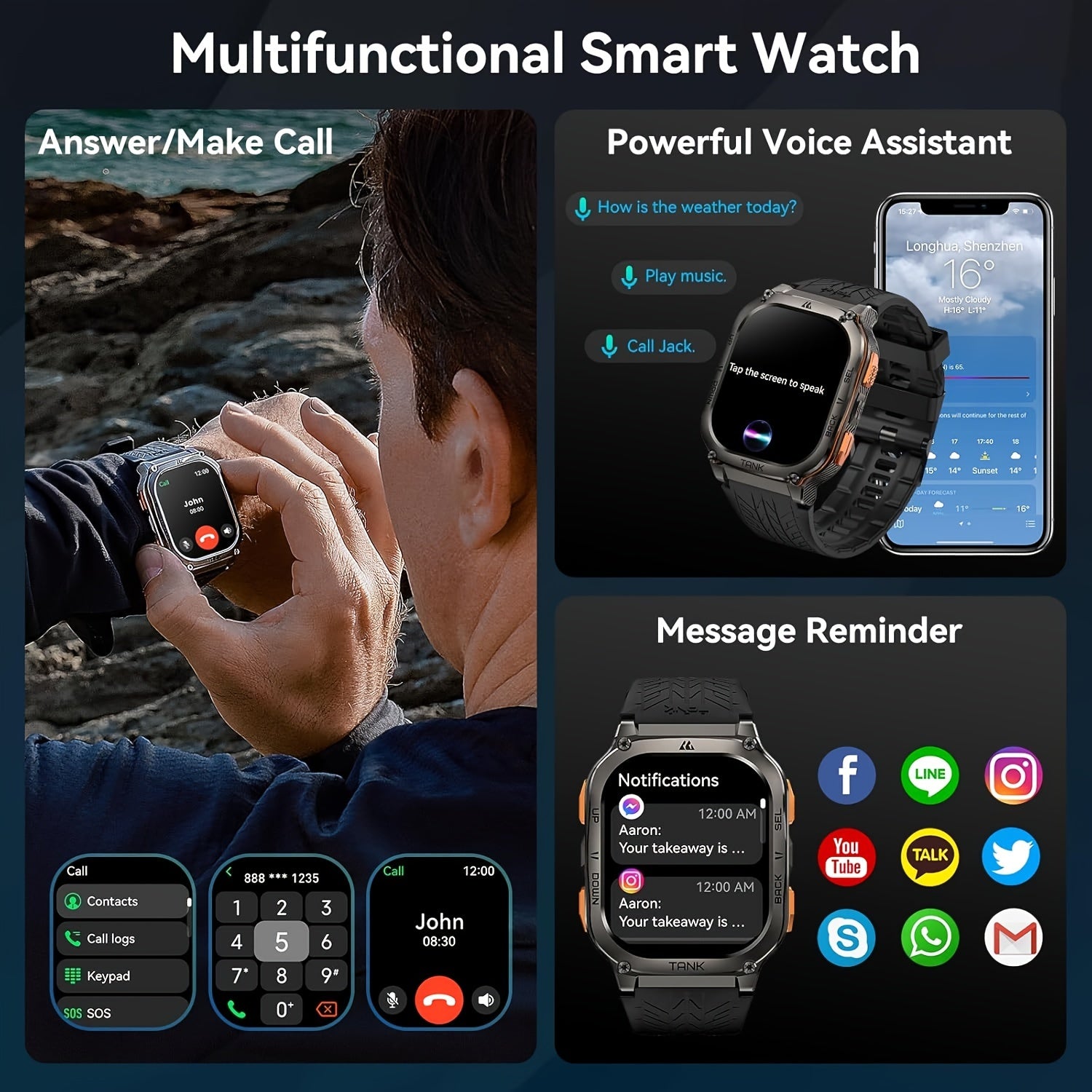 Smartwatch, 3,63cm für Männer Barometer Höhenmesser Kompass 6 und Alltag – Detailansicht 16