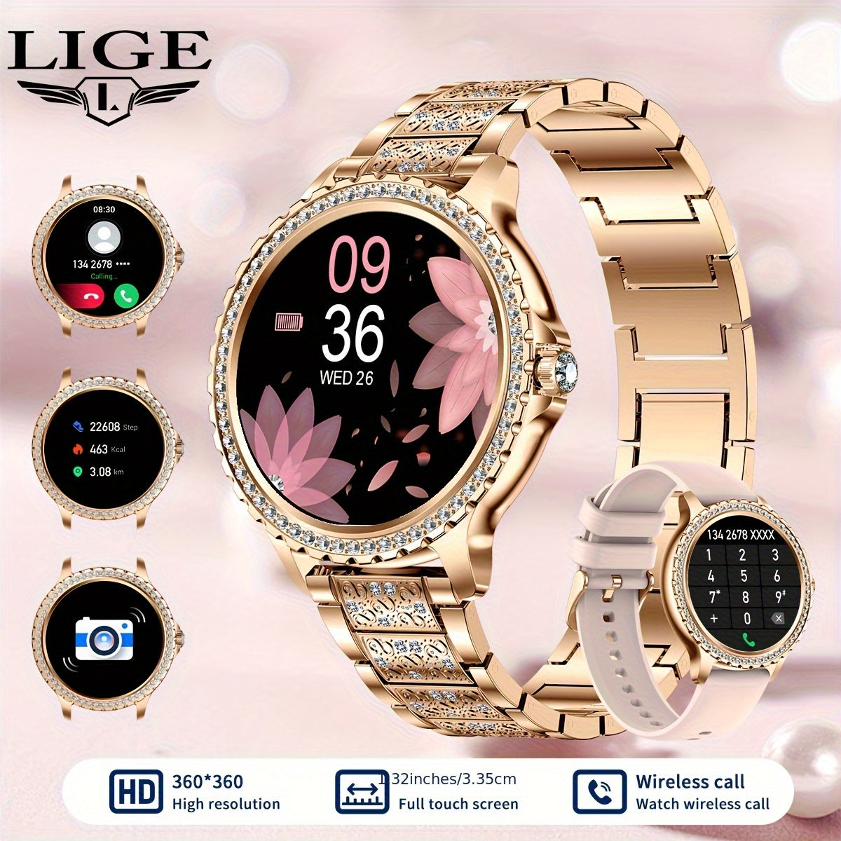 Smartwatch, Golden für Damen 1 und iPhone Android – Detailansicht 3