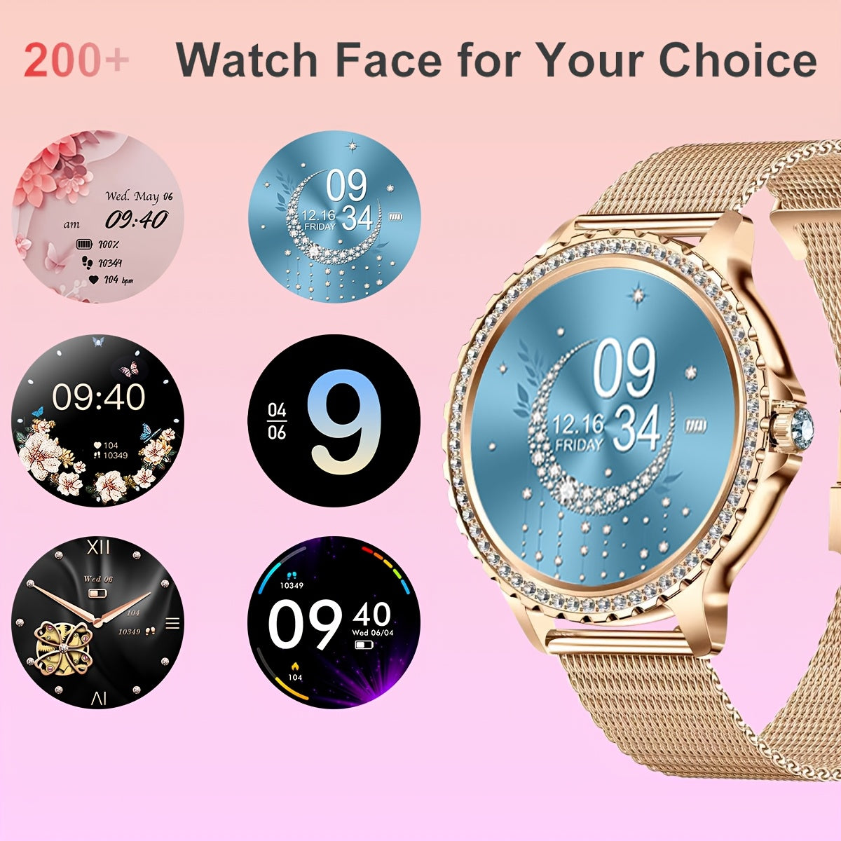Smartwatch, Golden für Damen 1 und iPhone Android – Detailansicht 7
