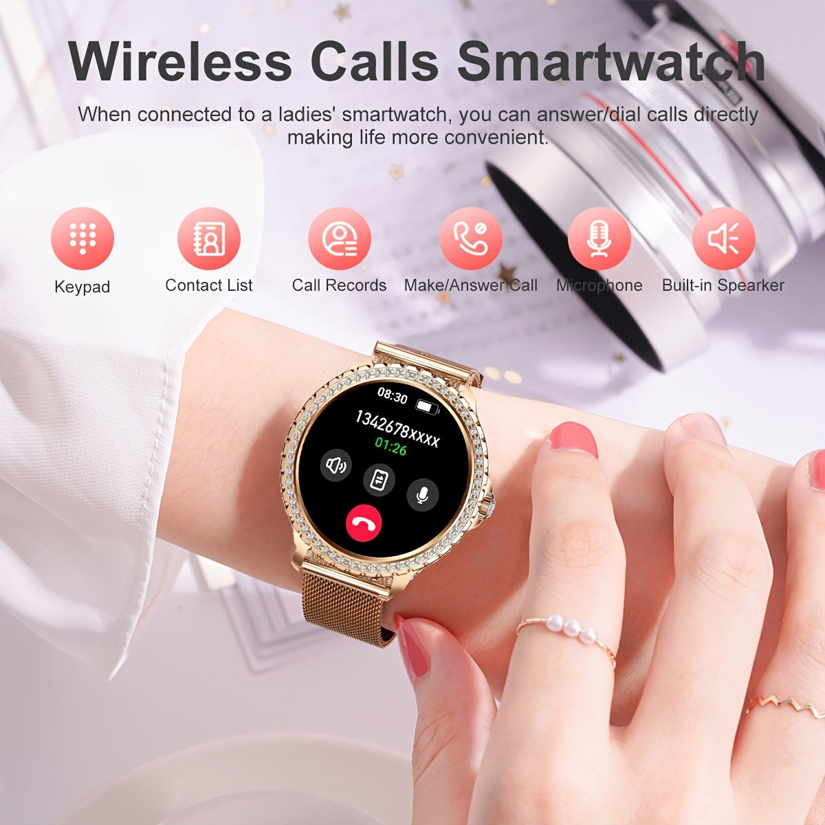 Smartwatch, Golden für Damen 1 und iPhone Android – Detailansicht 8