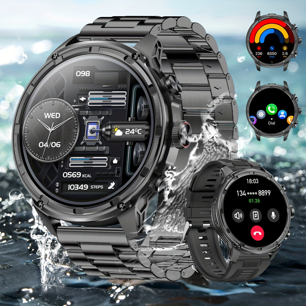 Smartwatch, LED-Beleuchtung für iPhone Android und Männer mit drahtlosem Telefonieren – Detailansicht 2