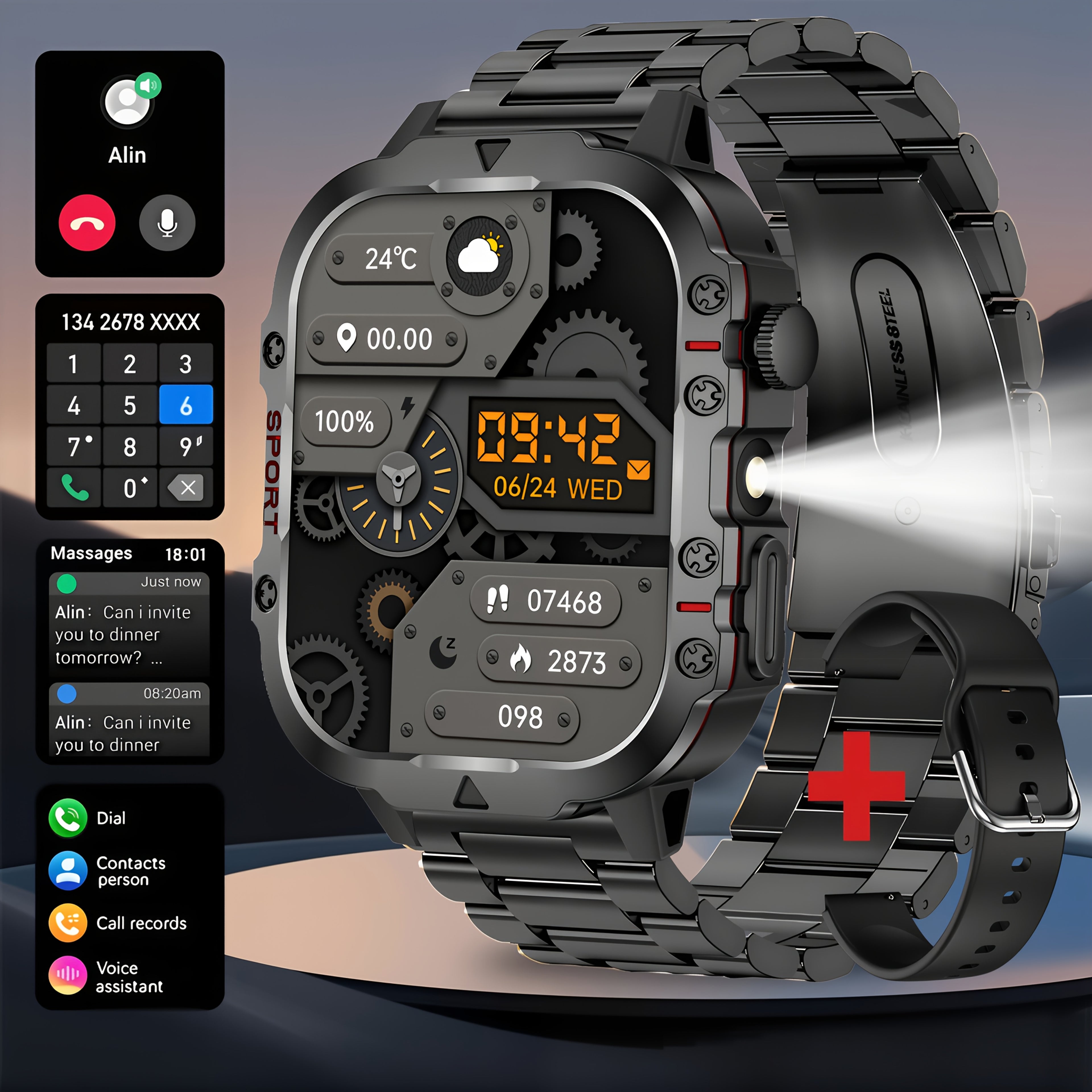 Smartwatch, Schwarz Drei Stahl für Männer Frauen und Alltag – Hauptansicht