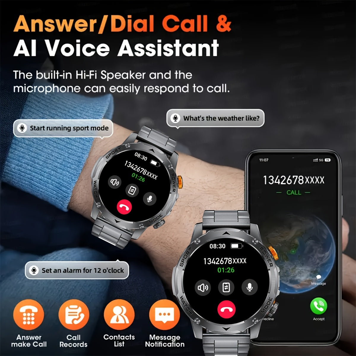 Smartwatch, Schwarz für Alltag und iPhone Android Schrittzähler Smartwatch 2 – Detailansicht 15