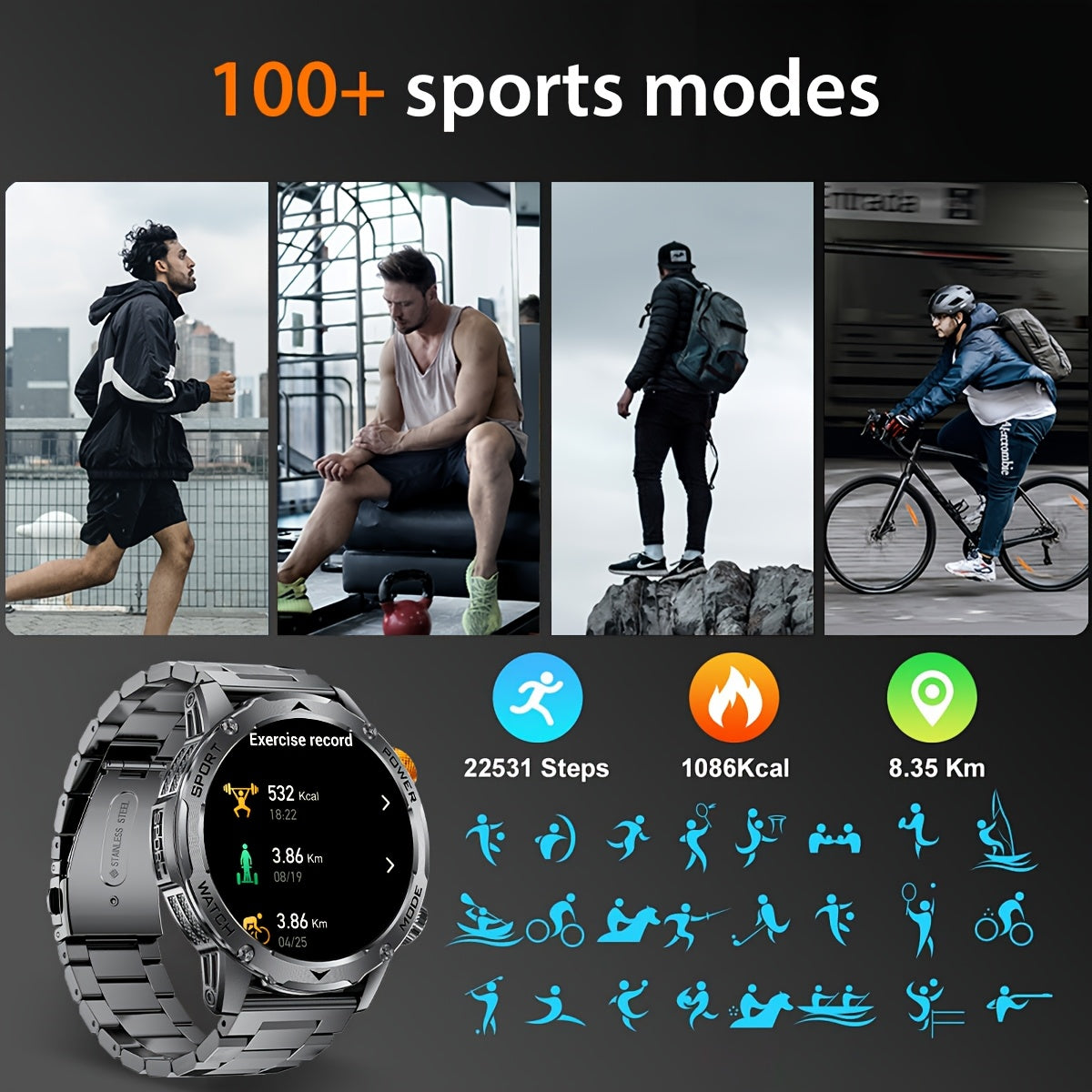 Smartwatch, Schwarzer Edelstahl für iPhone Android Schrittzähler Smartwatch 2 – Detailansicht 2