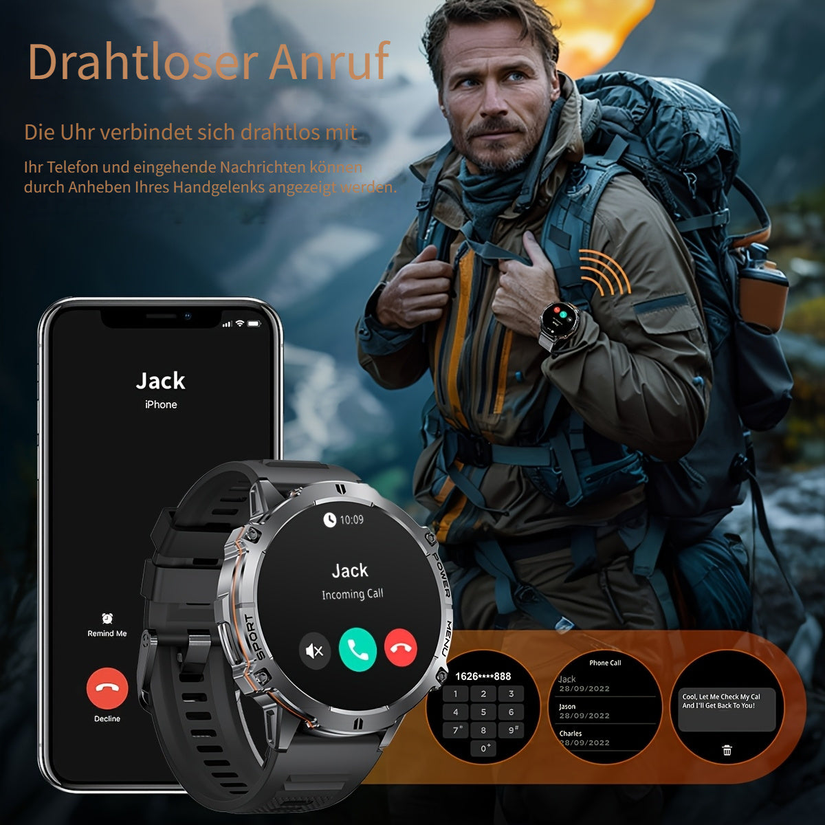Smartwatch, Schwarzes und oranges Silikonarmband für Herren und iPhone – Detailansicht 2
