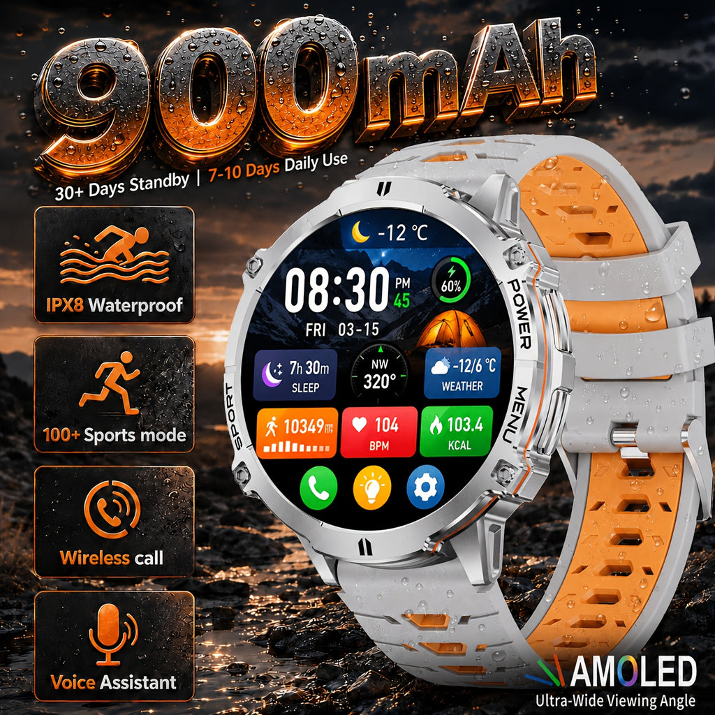 Smartwatch, Schwarzes und oranges Silikonarmband für Herren und iPhone – Detailansicht 3