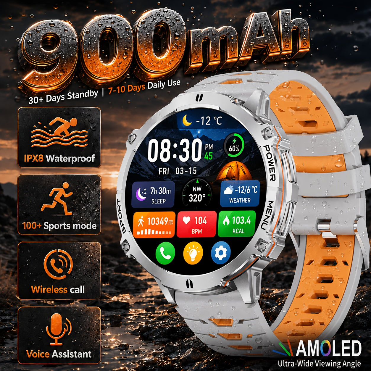 Smartwatch, Schwarzes und oranges Silikonarmband für Herren und iPhone – Detailansicht 3