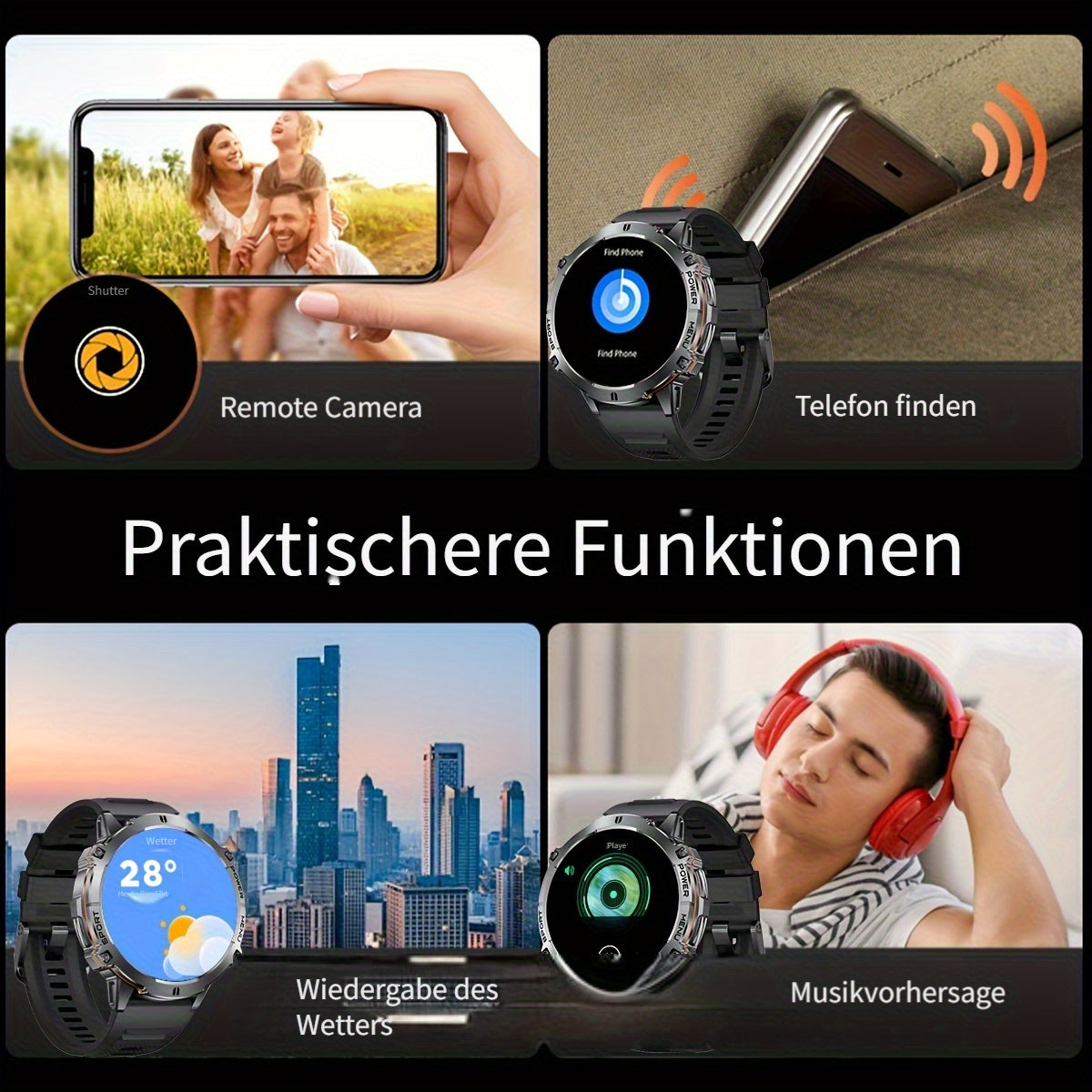 Smartwatch, Schwarzes und oranges Silikonarmband für Herren und iPhone – Detailansicht 4