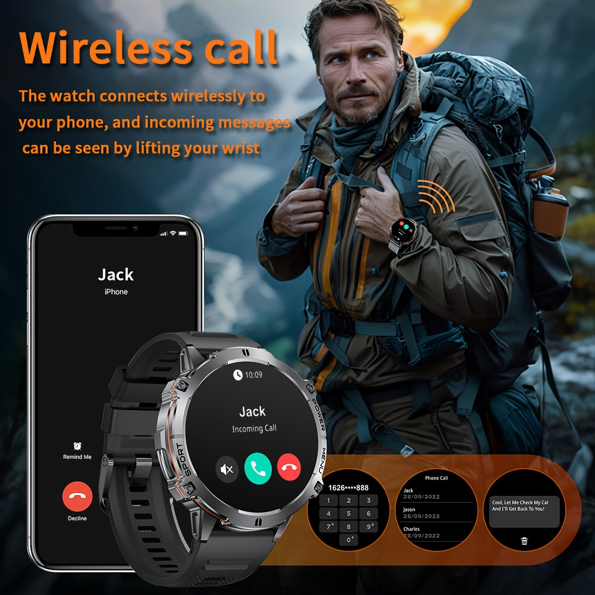 Smartwatch, Schwarzes und oranges Silikonarmband für Herren und iPhone – Detailansicht 6