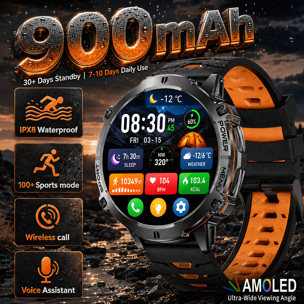 Smartwatch, Schwarzes und oranges Silikonarmband für Herren und iPhone – Detailansicht 8