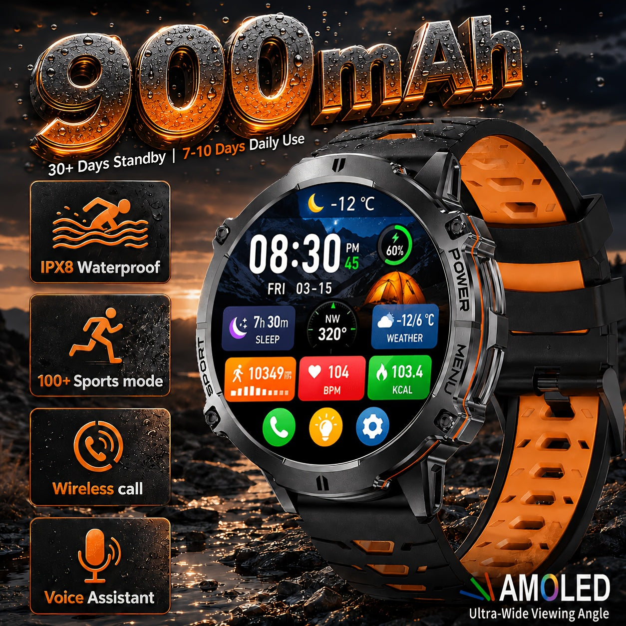Smartwatch, Schwarzes und oranges Silikonarmband für Herren und iPhone – Detailansicht 8