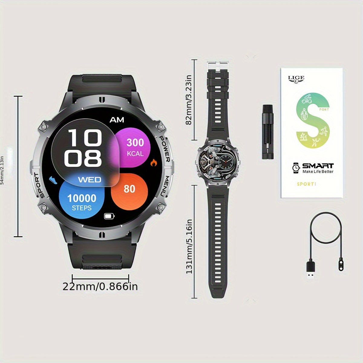 Smartwatch, Schwarzes und oranges Silikonarmband für Herren und iPhone – Detailansicht 10