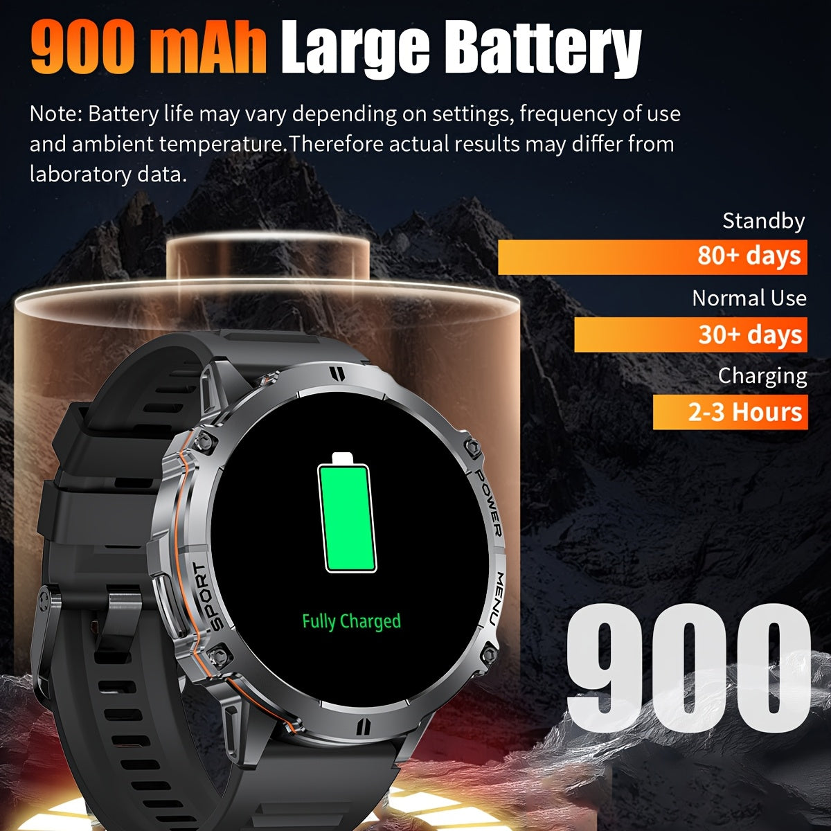Smartwatch, Schwarzes und oranges Silikonarmband für Herren und iPhone – Detailansicht 12