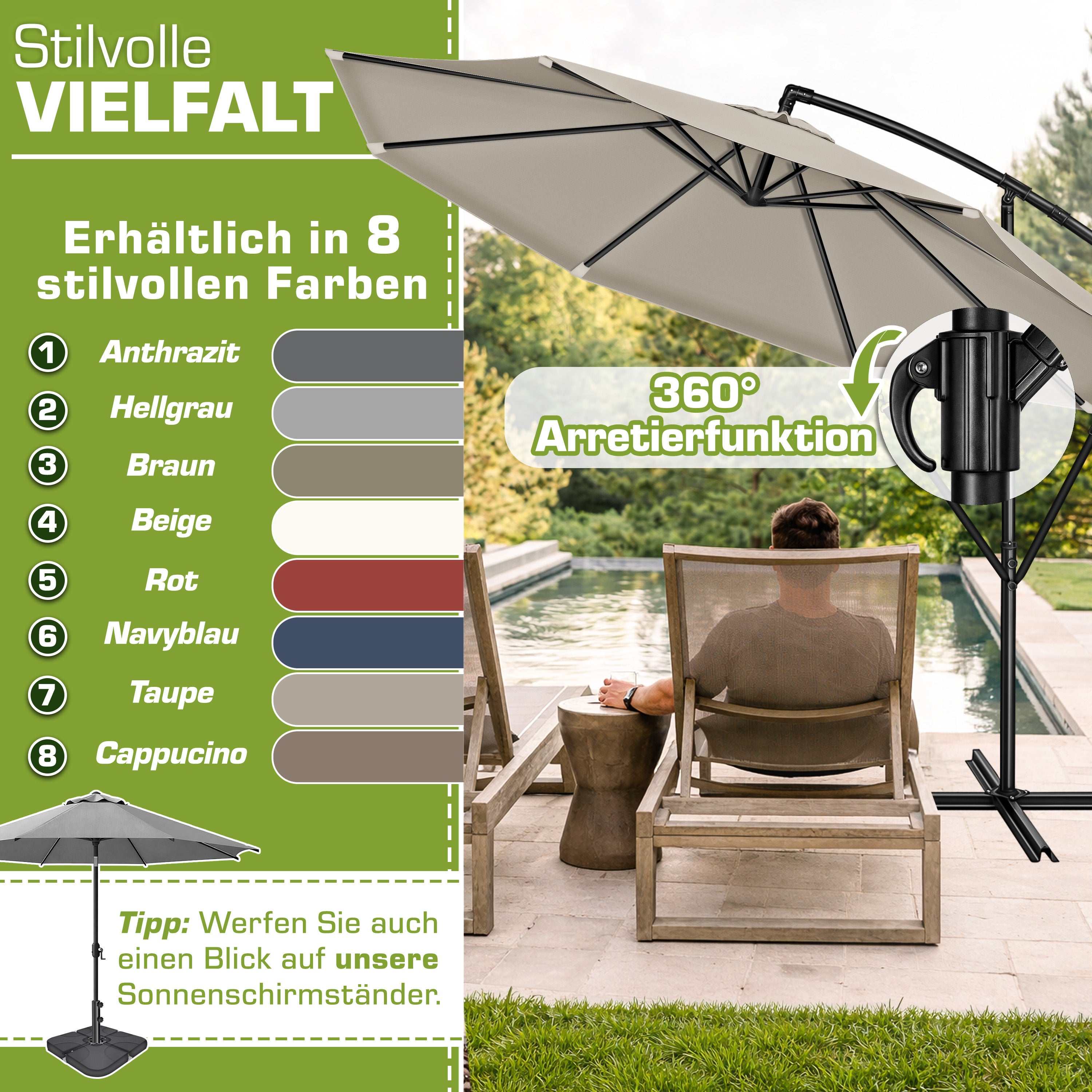 Sonnenschirm, Aluminium für Garten und Balkon – Detailansicht 8