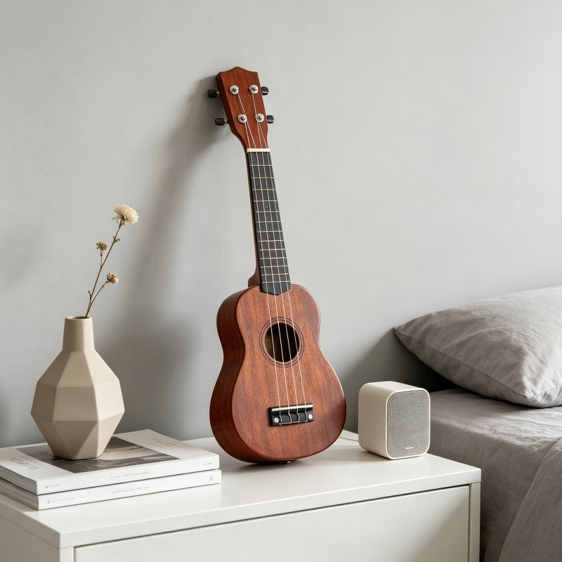 Sopran-Ukulelen-Set in dunklem Holz für den Einstieg zum Üben und tägliches Spielen einfache Auftritte – Hauptansicht