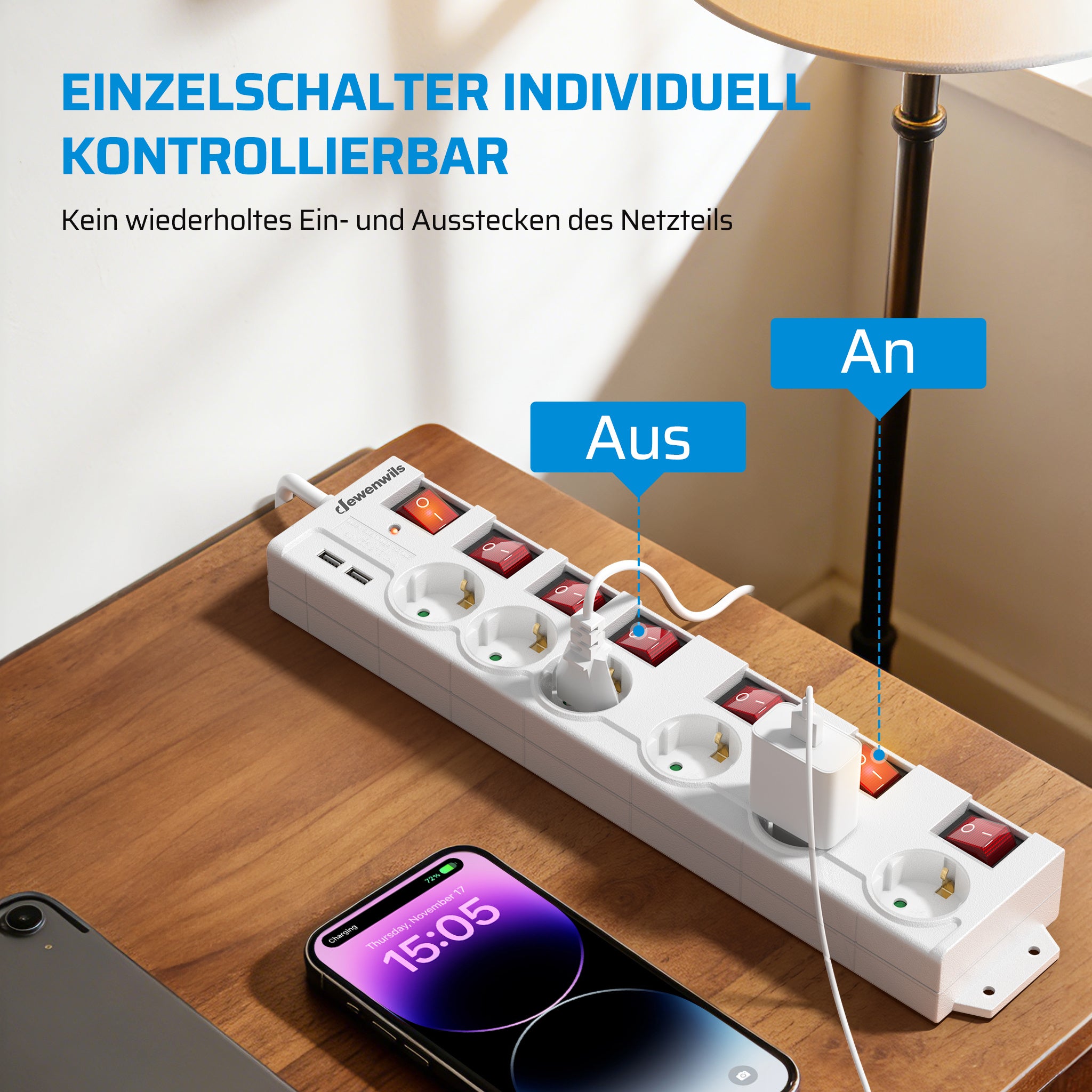 Steckdosenleiste Einzeln Schaltbar, Weiß für Alltag und Zuhause – Detailansicht 2