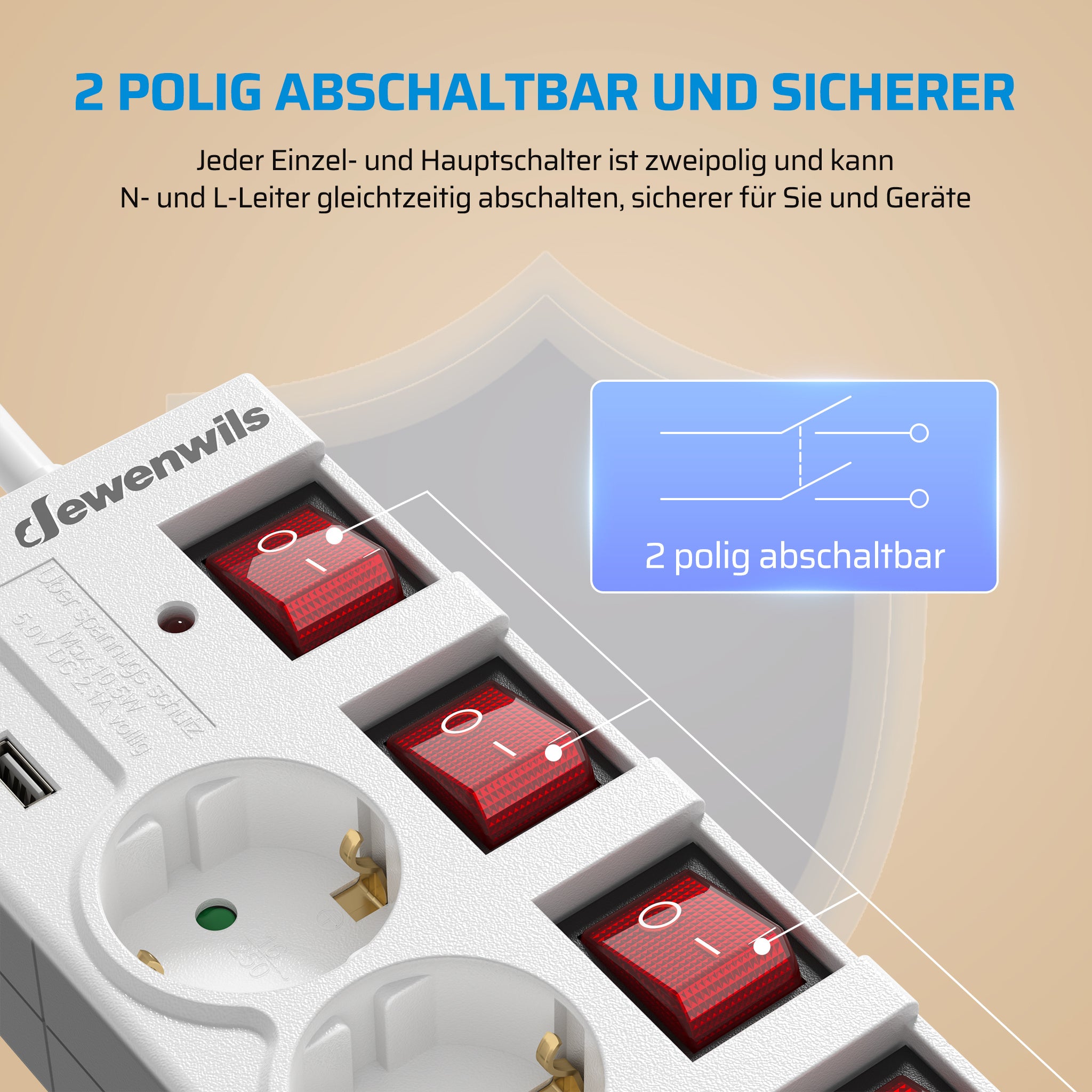 Steckdosenleiste Einzeln Schaltbar, Weiß für Alltag und Zuhause – Detailansicht 3