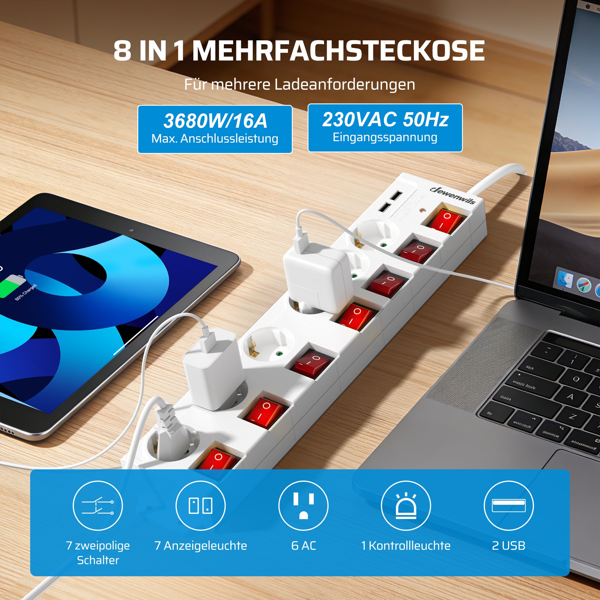 Steckdosenleiste Einzeln Schaltbar, Weiß für Alltag und Zuhause – Detailansicht 5