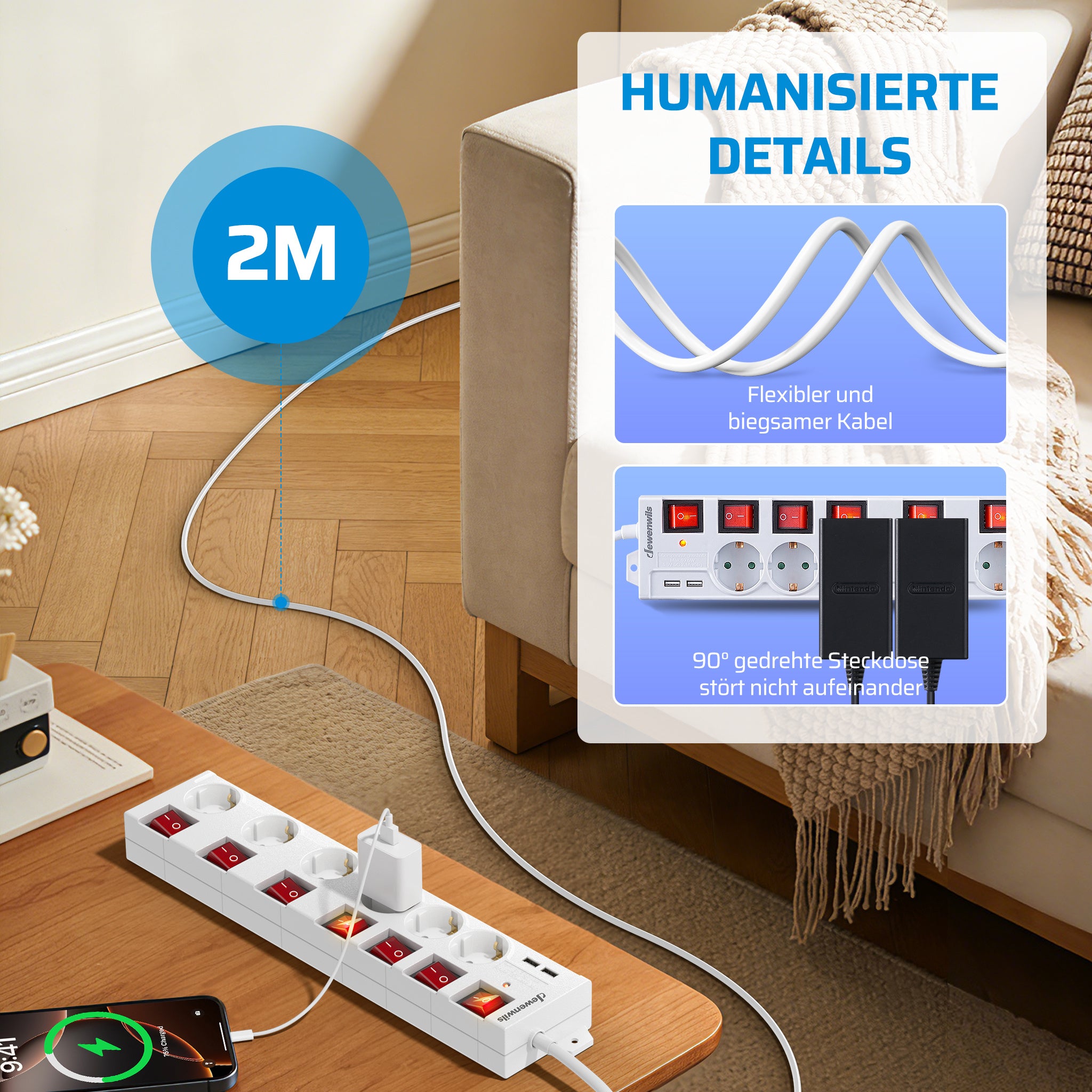 Steckdosenleiste Einzeln Schaltbar, Weiß für Alltag und Zuhause – Detailansicht 11