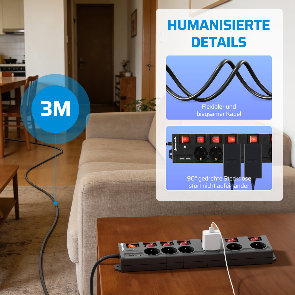 Steckdosenleiste Einzeln Schaltbar, Weiß für Alltag und Zuhause – Detailansicht 15