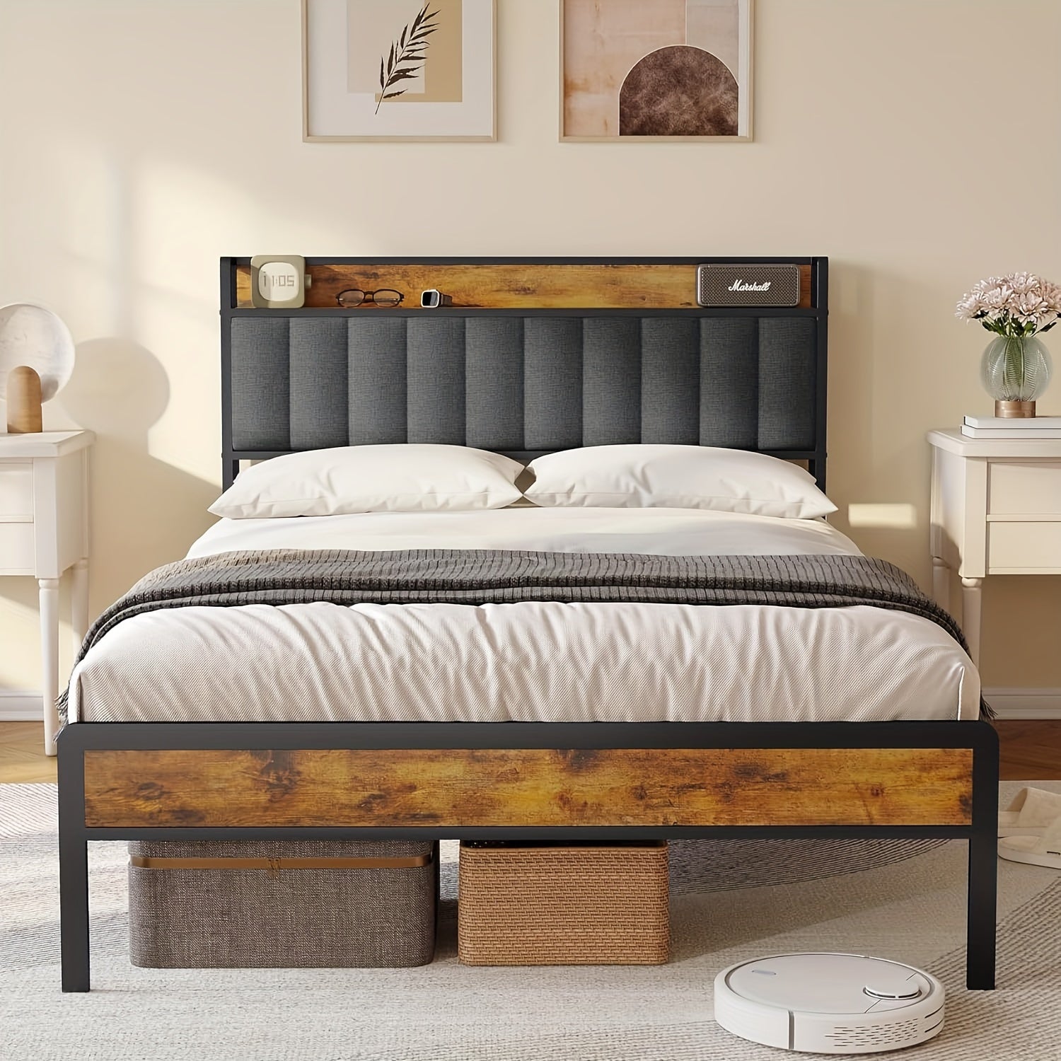 Stilvolles gepolstertes Holzbett, Dunkelgrau für Schlafzimmer und Bett – Detailansicht 3