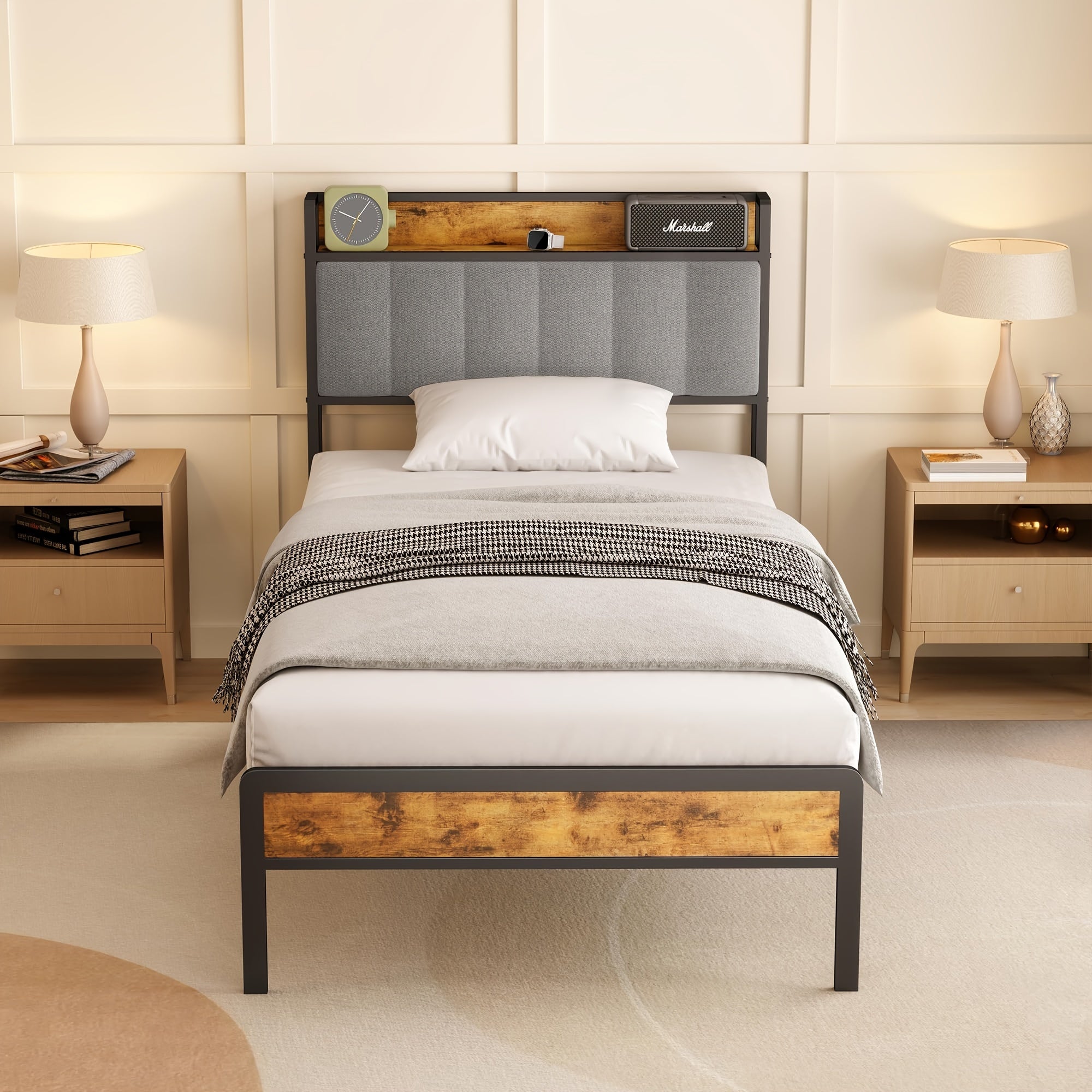Stilvolles gepolstertes Holzbett, Dunkelgrau für Schlafzimmer und Bett – Detailansicht 6