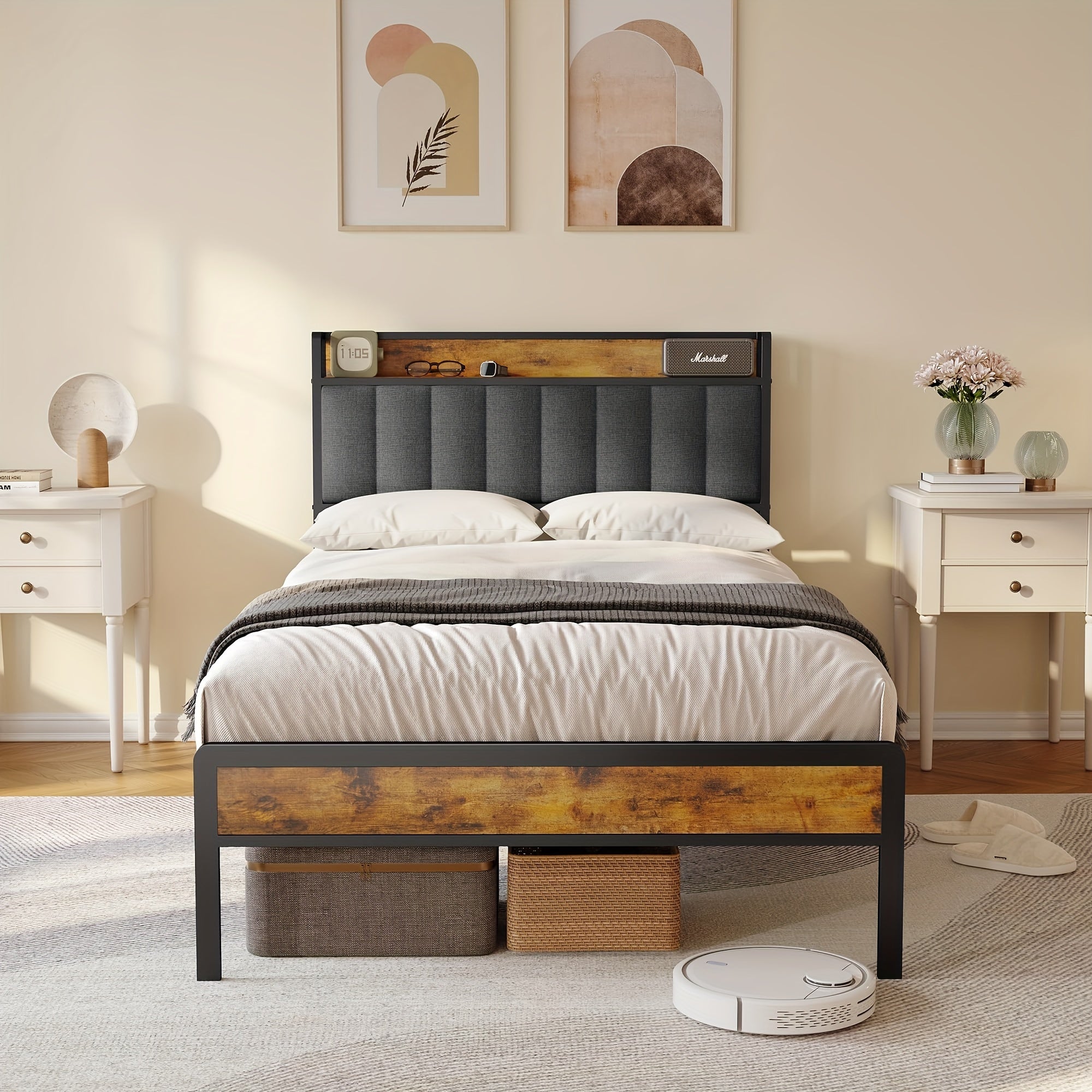 Stilvolles gepolstertes Holzbett, Dunkelgrau für Schlafzimmer und Bett – Detailansicht 7