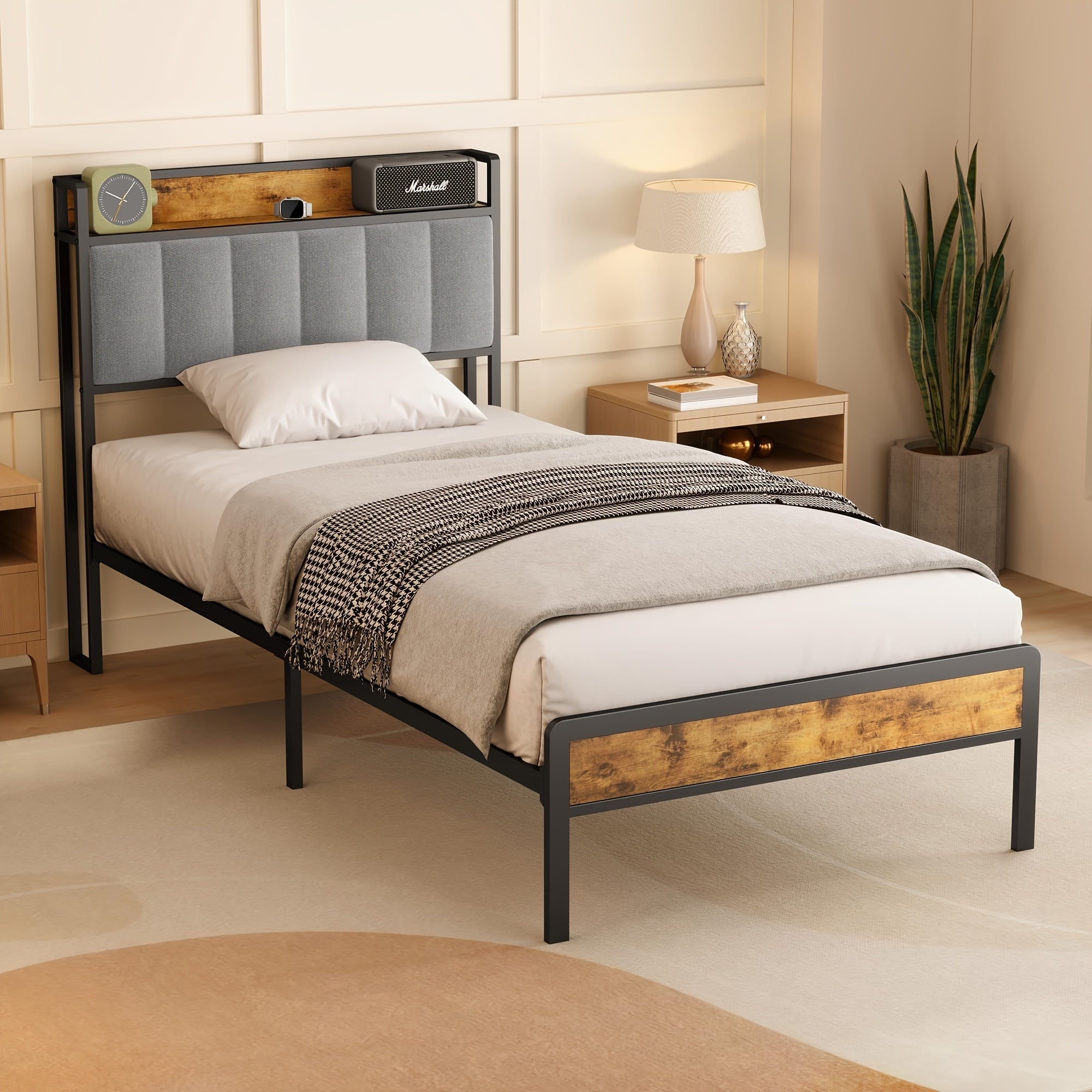 Stilvolles gepolstertes Holzbett, Dunkelgrau für Schlafzimmer und Bett – Detailansicht 10