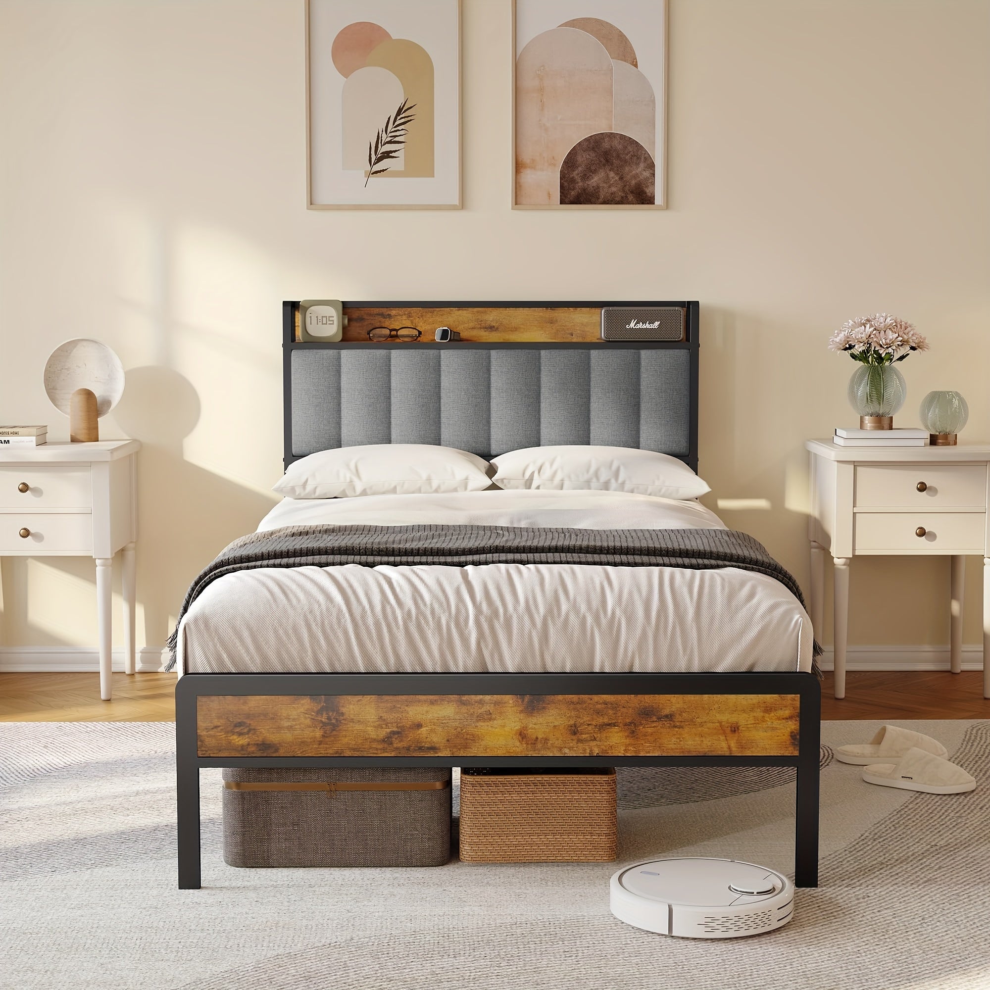 Stilvolles gepolstertes Holzbett, Dunkelgrau für Schlafzimmer und Bett – Detailansicht 11