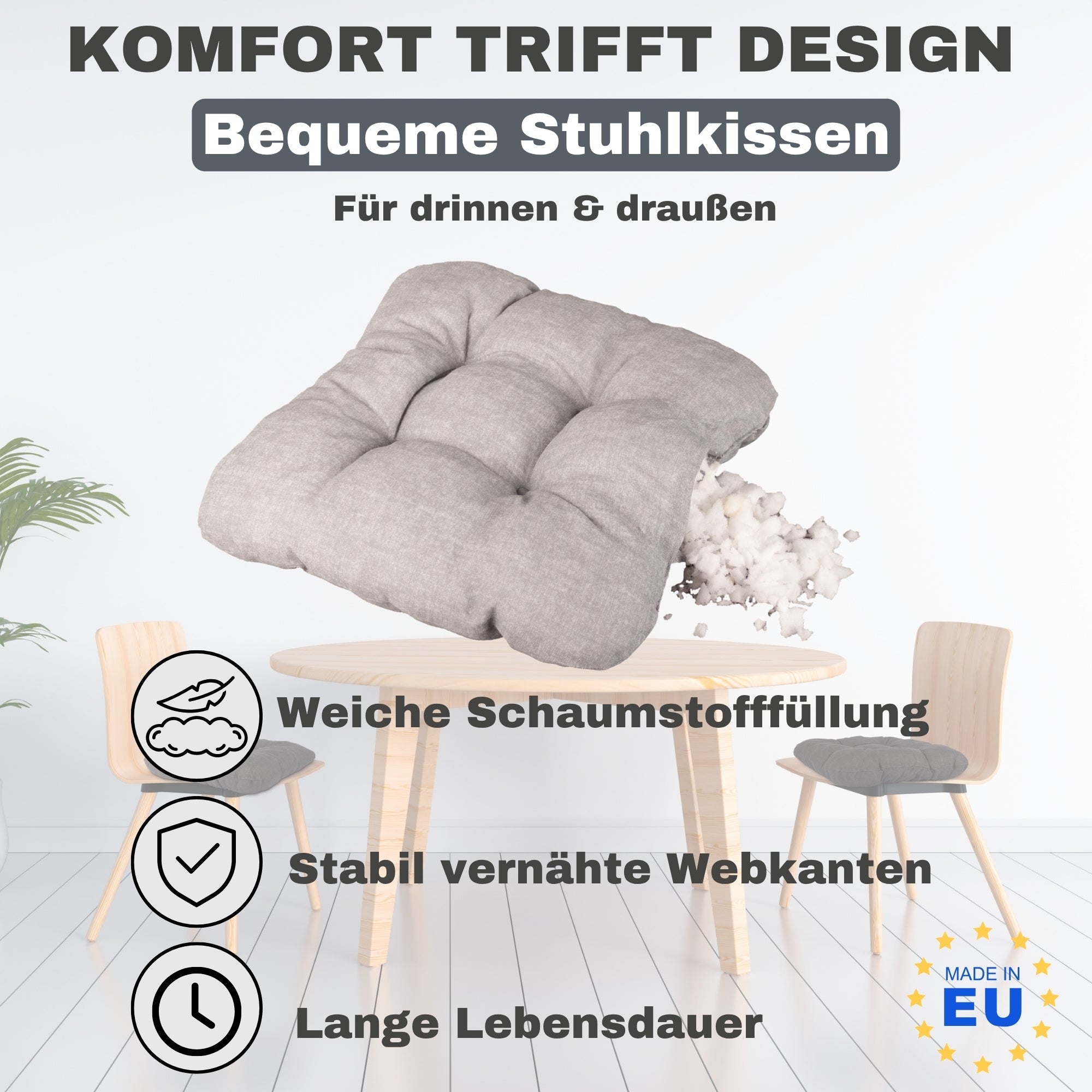 Stuhl, Sitzkissen Grau 4er Set für Wohnen – Detailansicht 9